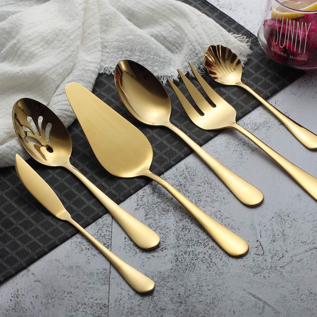 Berglander 6-Piece Stainless Steel Gold Titanium Plated Flatware Set - 5 Serving Utensils + Cake Server - Elegant Golden Silverware for Dinner Parties, Weddings & Formal Dining (Shiny Gold Finish)