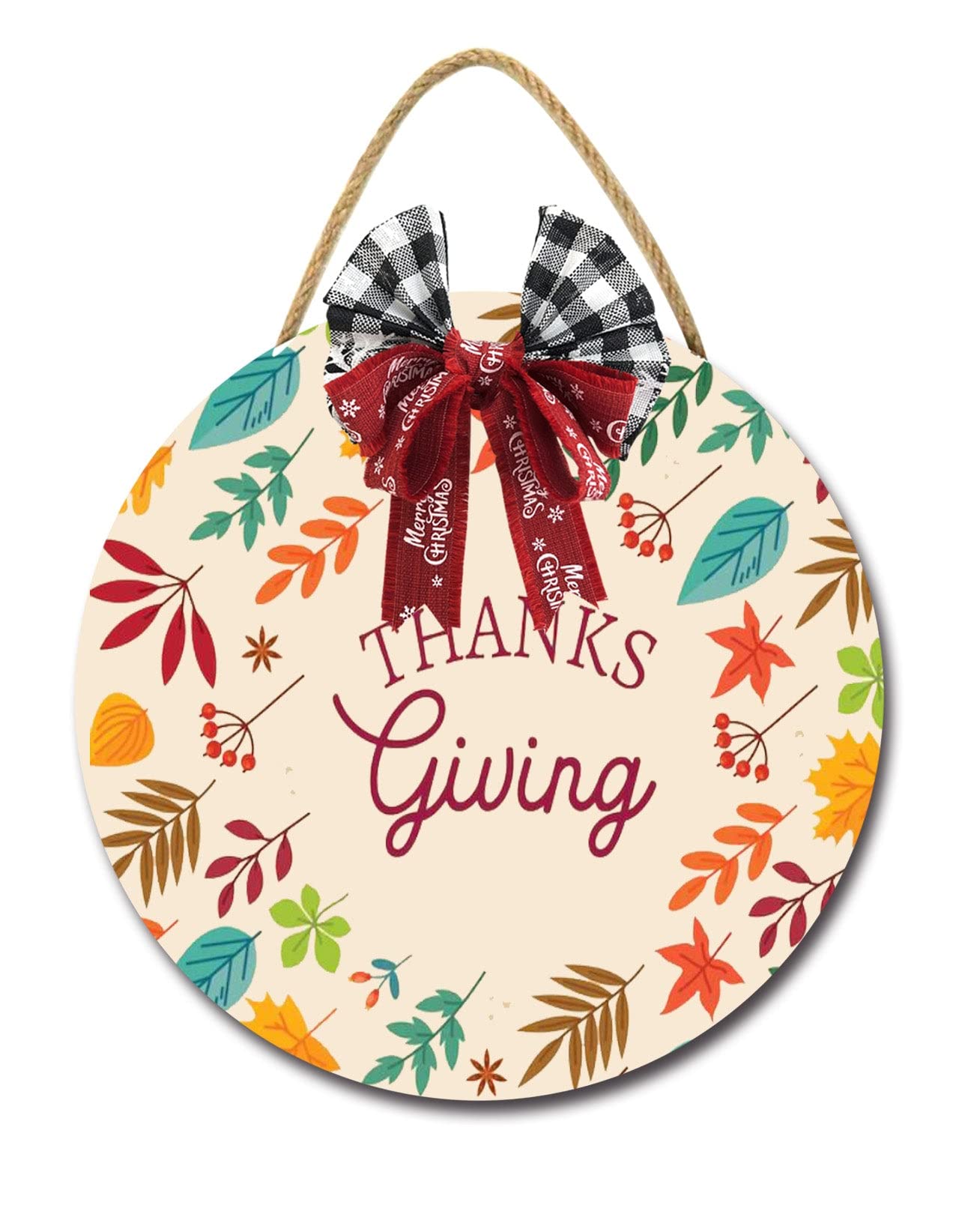 Happy Thanksgiving Wooden Welcome Sign - 11.2x11.2 Inch Farmhouse Style Round Door Hanging Decor with Bow for Holiday Home Decoration - Perfect for Front Door, Porch, Thanksgiving Party & Seasonal Home Decor