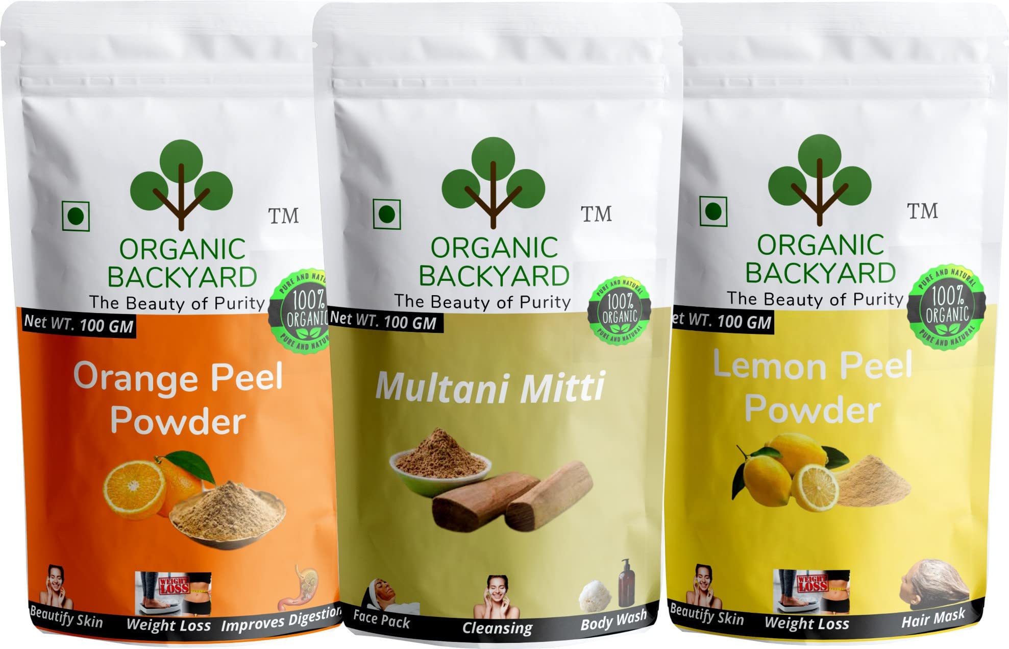 Organic Backyard 100% Natural Orange Peel & Lemon Peel Powder with Multani Mitti - 100g Each for Glowing Skin, Acne Treatment & Face Care - Perfect for DIY Face Masks, Scrubs & Natural Skincare Routines