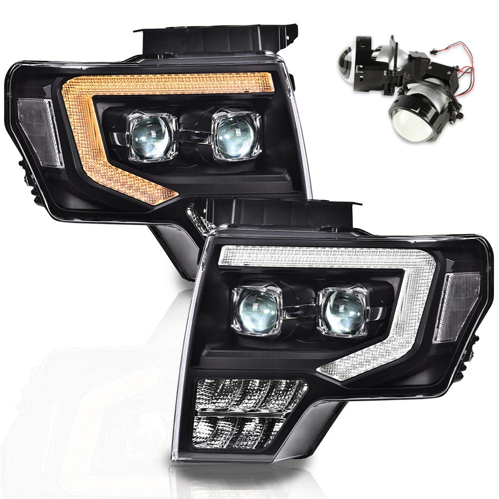 PIT66 LED Tube Dual Projector Headlights for 09-14 Ford F150 - Switchback DRL, Sequential Turn Signals, Activation Light - Clear Lens Black Housing - Upgrade Your Truck's Style & Visibility for Night Driving and Off-Road Adventures