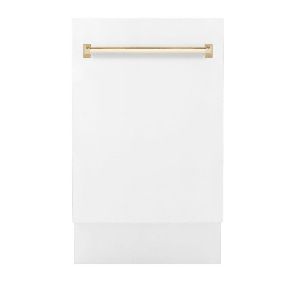 ZLINE Autograph Edition 18-Inch Compact Dishwasher with 3rd Rack - White Matte Finish & Polished Gold Handle, Ultra Quiet 51dBa (DWVZ WM 18 G) - Perfect for Small Kitchens, Apartments, and RV Living