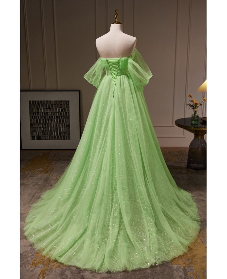 Elegant Off-The-Shoulder Long Green Tulle Prom Dress - A-Line Princess Gown J4424 for Homecoming, Formal Dances & Special Occasions