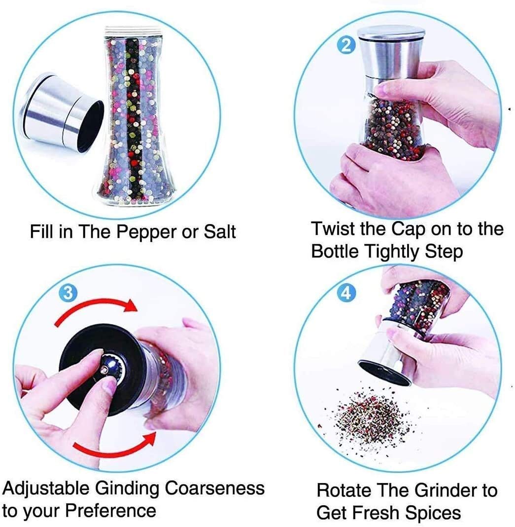 Premium Stainless Steel Pepper Mill and Salt Grinder Set - Adjustable Coarseness, Refillable Ceramic Core & Durable Glass Bottles - Perfect for Kitchen, Dining Table & Gourmet Cooking