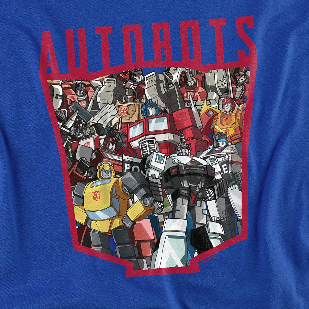 PopFunk Classic Transformers Autobot Collage Graphic T-Shirt for Boys & Girls Age 7+ | Unisex Short Sleeve Tee with Free Stickers (Small, Royal Blue) - Perfect for School, Birthday Parties & Comic Conventions
