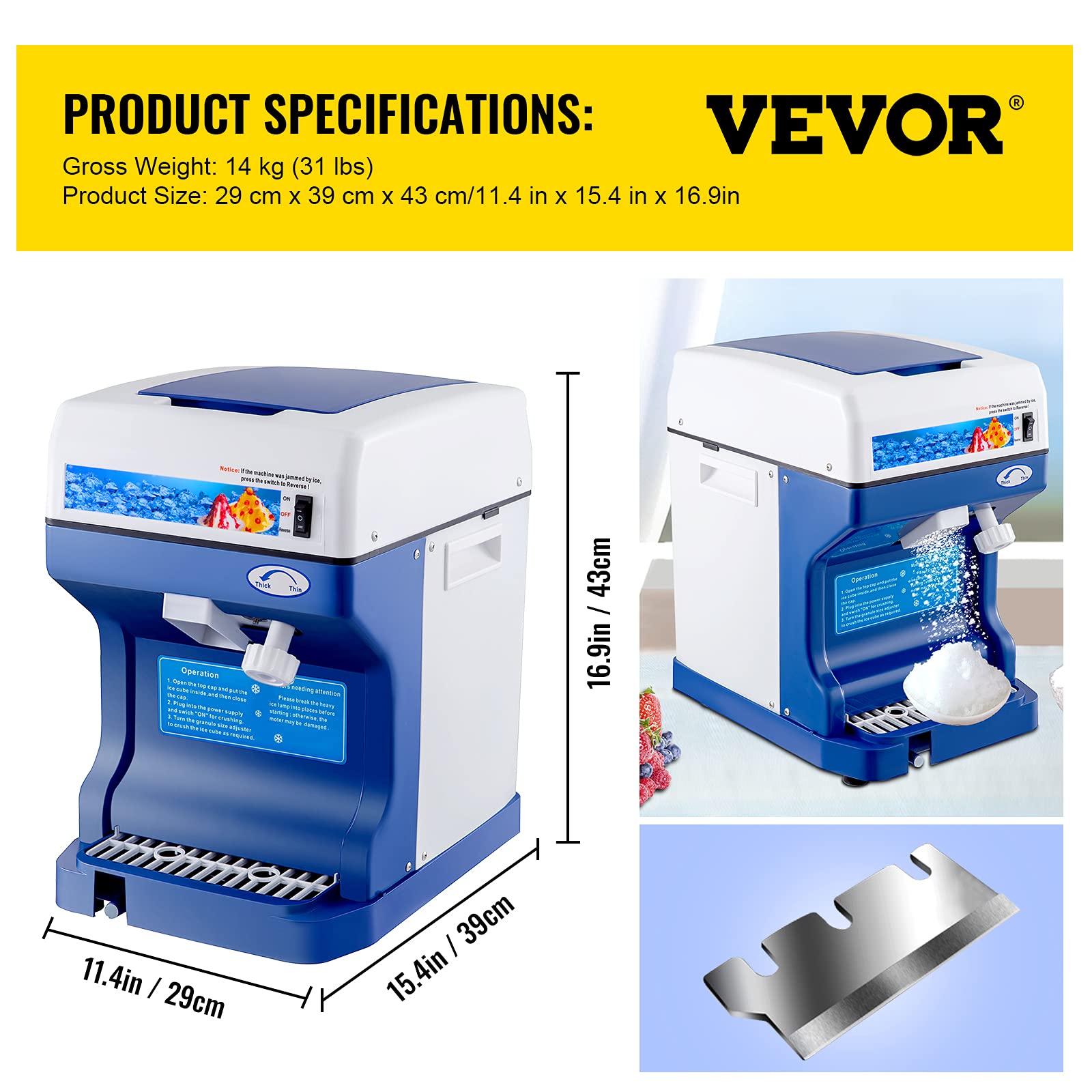 VEVOR 110V 500W Electric Shaved Ice Machine - Adjustable Ice Texture, 265LBs/hr Commercial & Home Use - Perfect for Snow Cones, Cocktails, and Party Treats