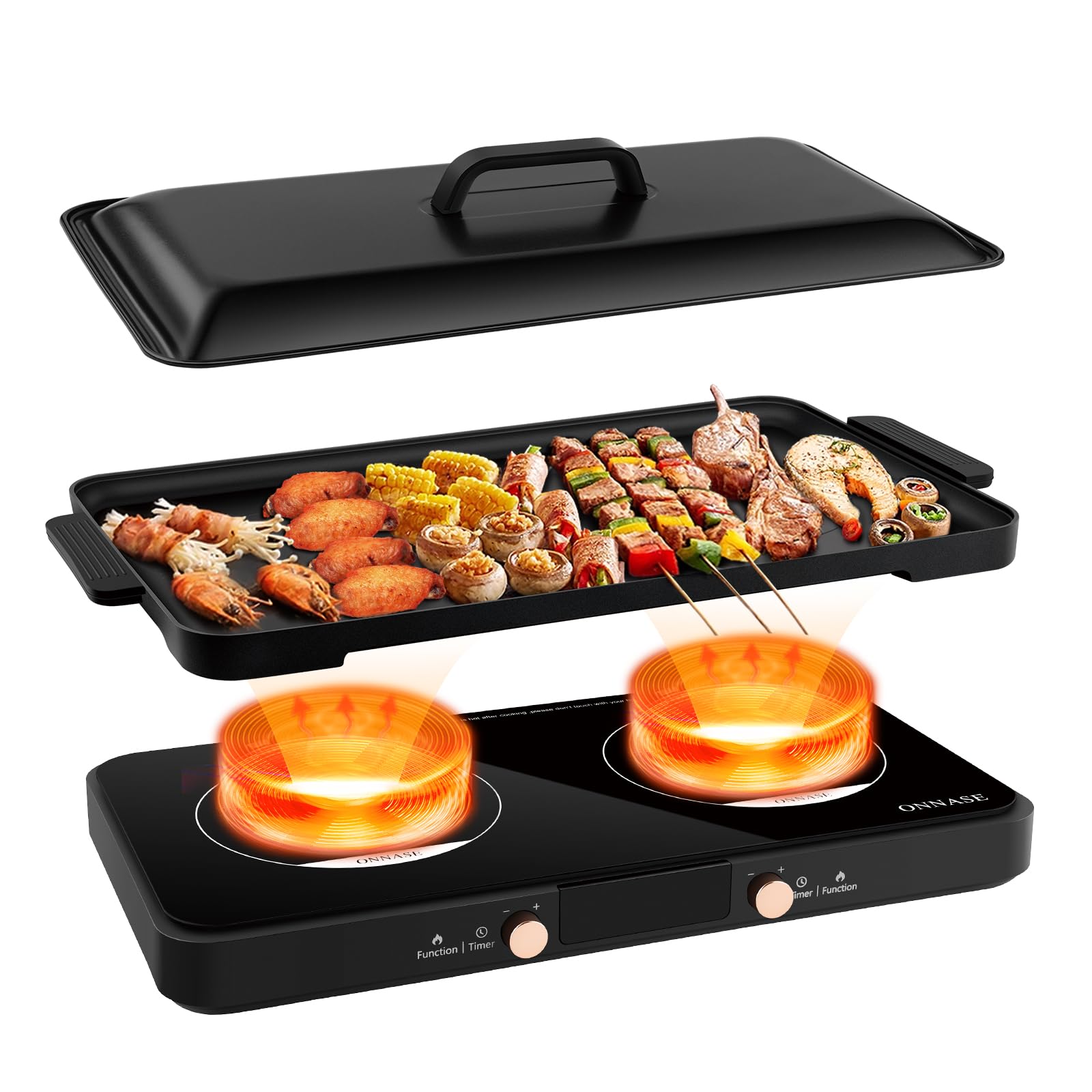 1800W Double Induction Cooktop with Non-Stick Griddle Pan - 2 Burners, 11 Power Levels & 3H Timer - Perfect for Home Kitchen, Dorm & RV Cooking - Black