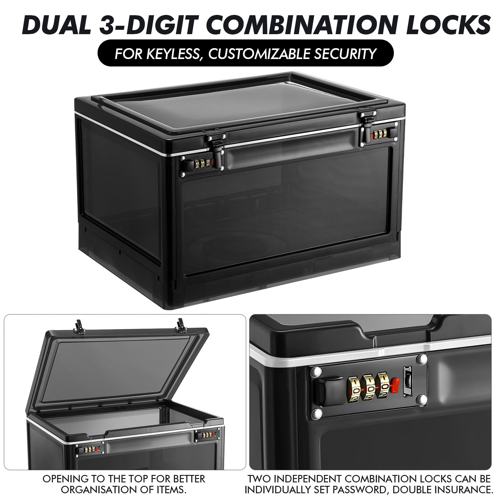 Yalikop 1-2 Pcs Large Lockable Storage Box with Combination Lock - Secure Container for Medicine, Office, School Locker, Snacks & Phone Jail - Home & Travel Use (Black & White)