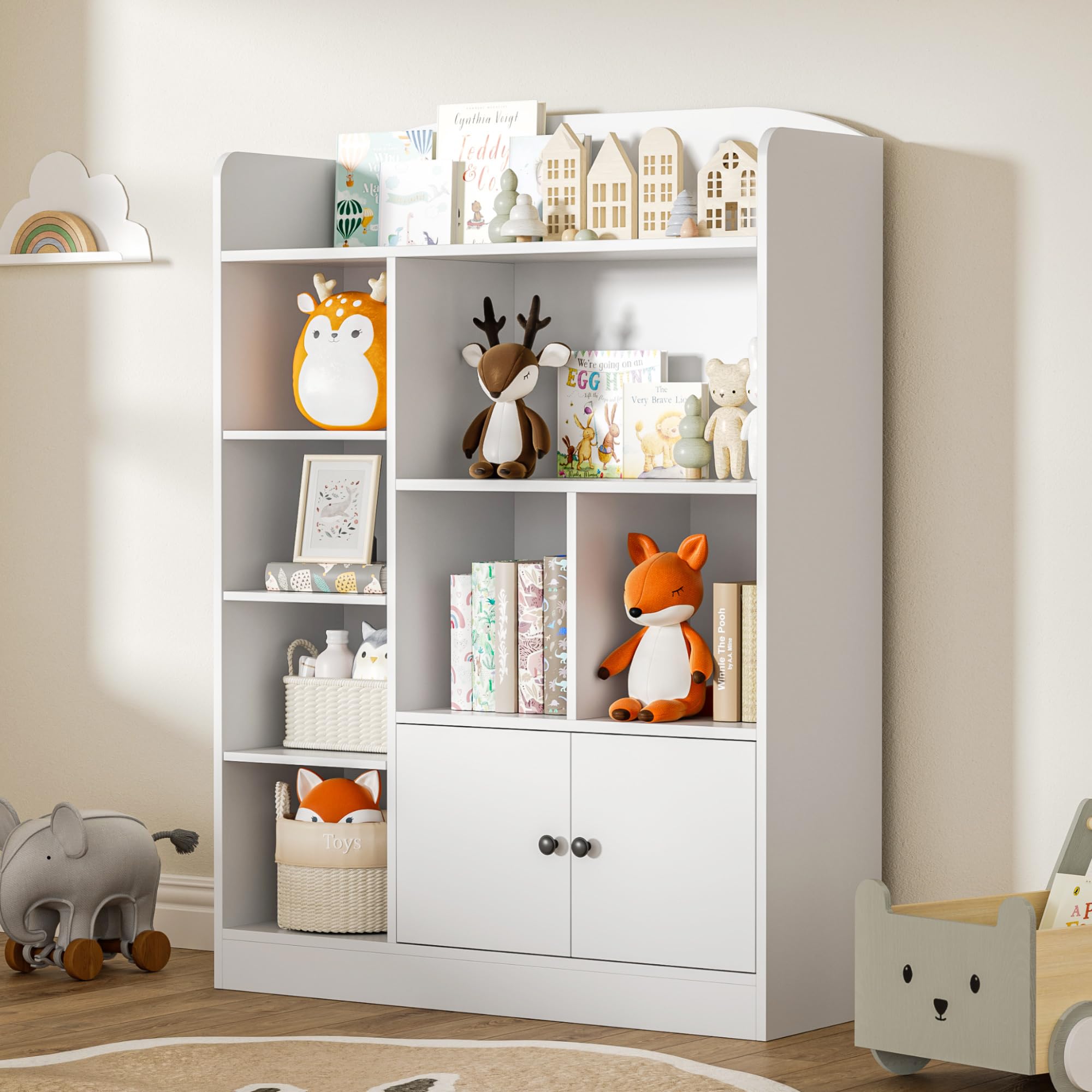 White Kids Bookshelf - 7 Cubbies & 2 Cabinets Book Storage Organizer for Bedroom, Playroom, Nursery | Sturdy Freestanding Bookcase for Children's Books, Toys & Decor | Perfect for Reading Nooks, Daycare & Homeschool Classrooms