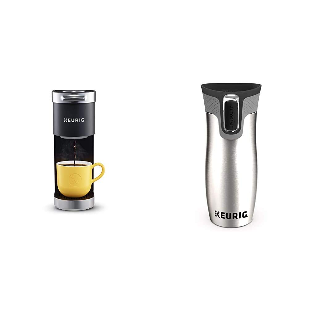 Keurig K-Mini Plus Single Serve Coffee Maker in Black | Contigo West Loop 14oz Vacuum Insulated Stainless Steel Travel Mug with AutoSeal Lid - Perfect for Home, Office & Commuting