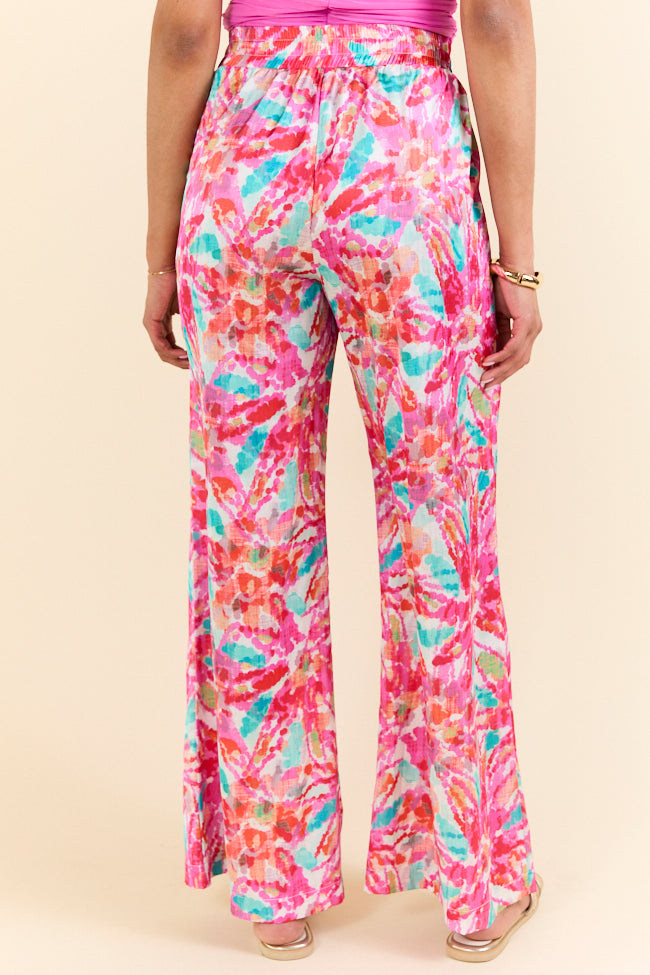 Paddle Out Pink Floral Printed Pull On Pants - Women's Casual Lounge Pants for Yoga, Beach, and Home Comfort
