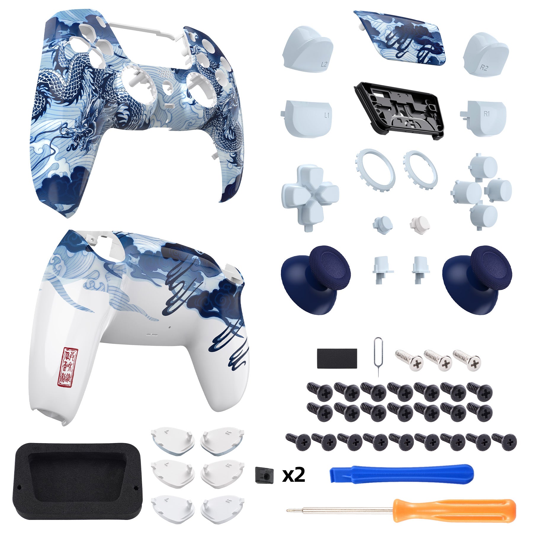 eXtremeRate LUNA Redesigned Replacement Shell Kit with Buttons for PS5 Controller BDM-030/040/050 - Porcelain Dragon Design | Custom Gaming Setup & Controller Modding