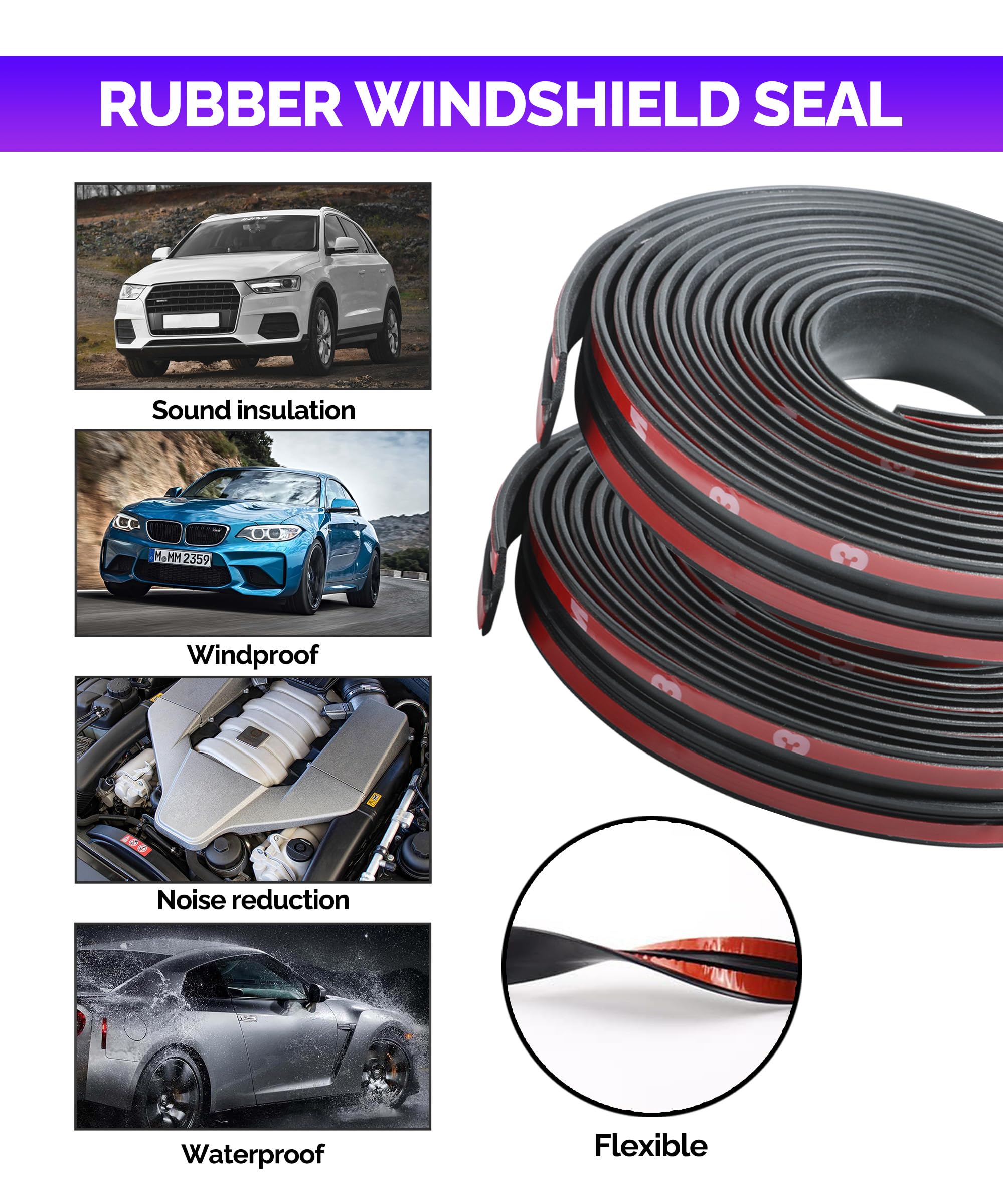 RACOONA 2PCS 22Ft T-Shaped Windshield Rubber Seal Trim - Weather Stripping for Car Door, Sunroof, Front & Rear Windshield - Durable Automotive Accessories for All-Season Protection & Noise Reduction