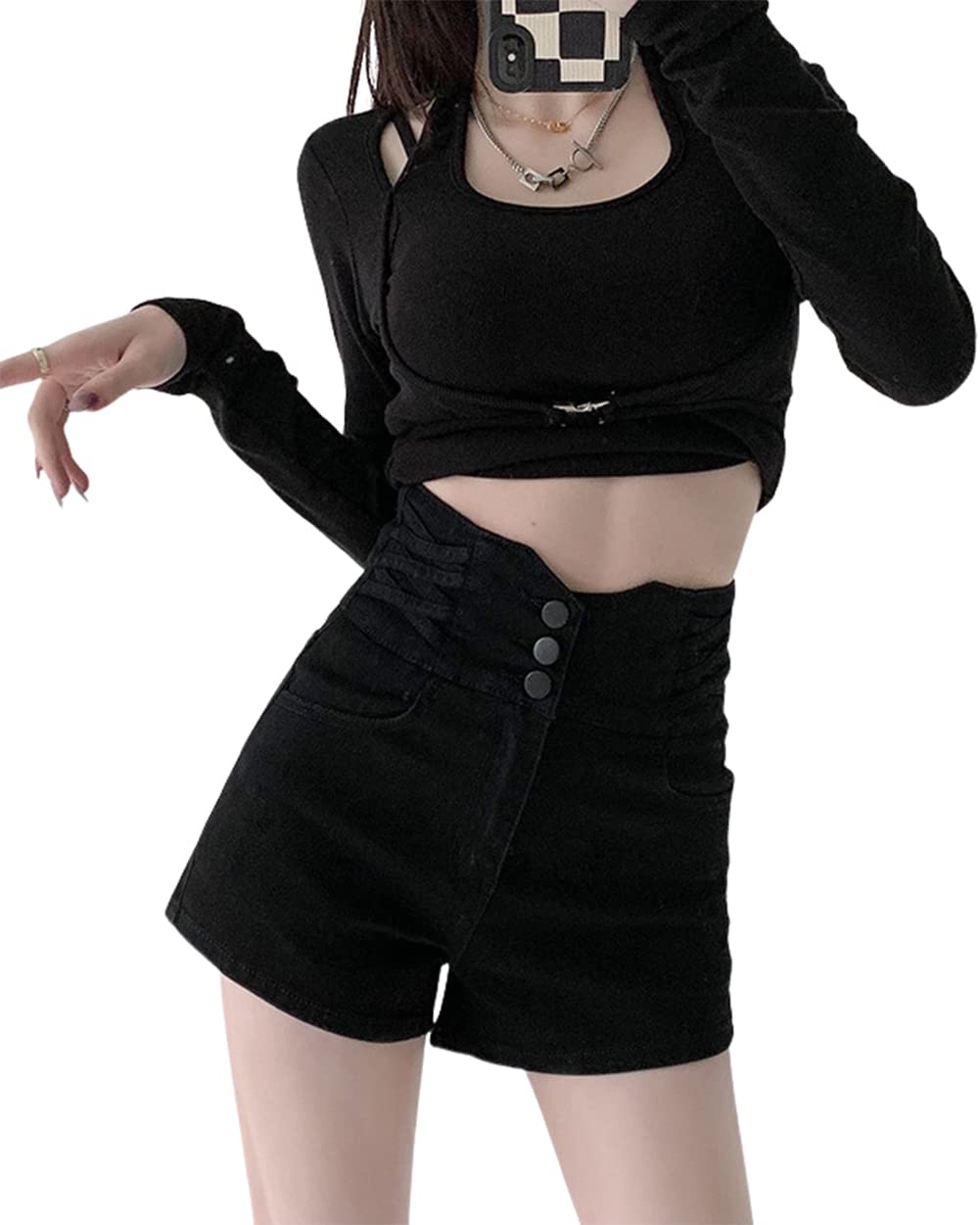 CHARTOU Women's High Waisted Stretchy Denim Shorts - Button Front Wide Leg Sexy Jean Shorts for Summer, Beach, and Casual Outings