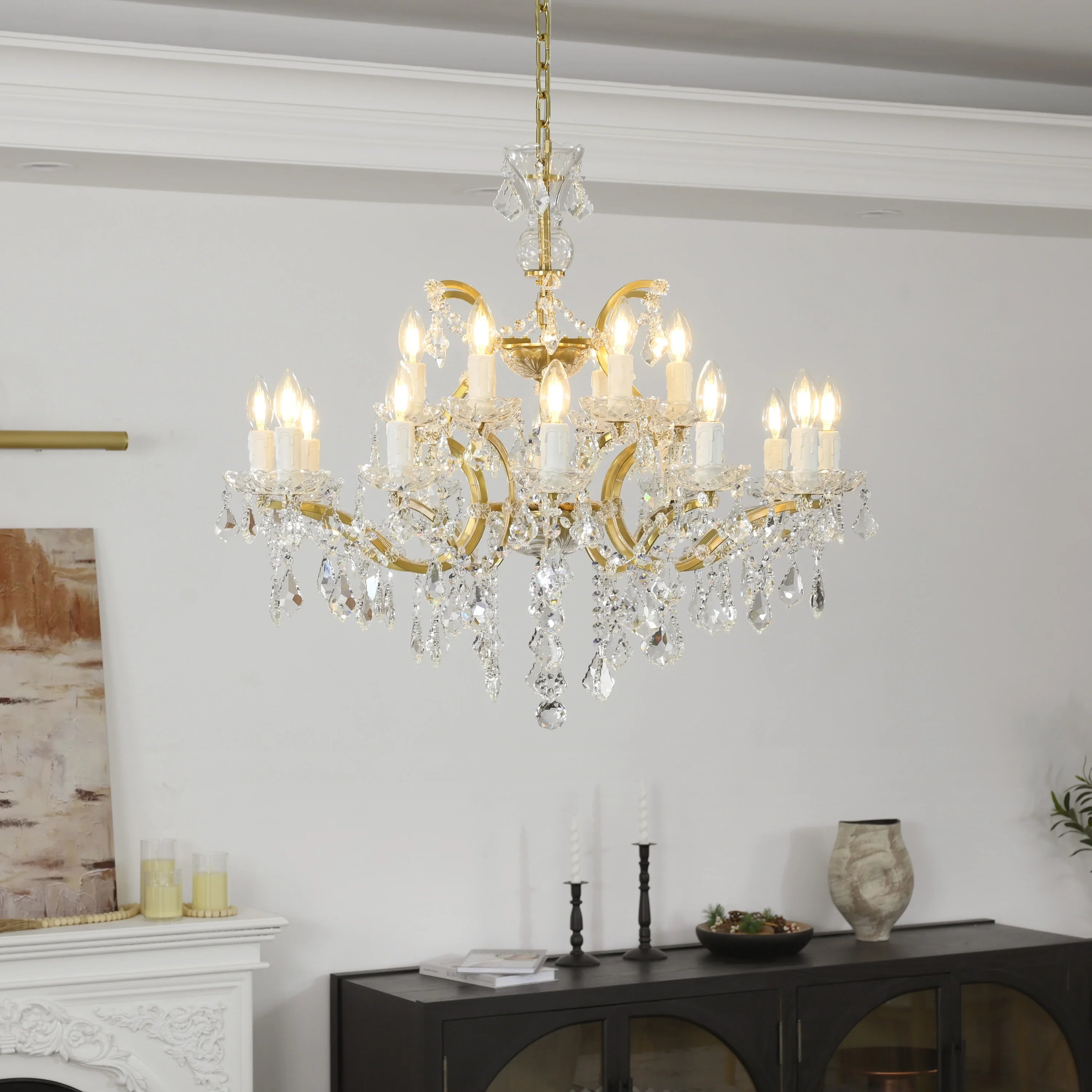 19th Century Rococo Style Iron and Crystal Round Chandelier - 33 Inch Antique Lighting Fixture for Dining Room, Foyer, or Ballroom Decor