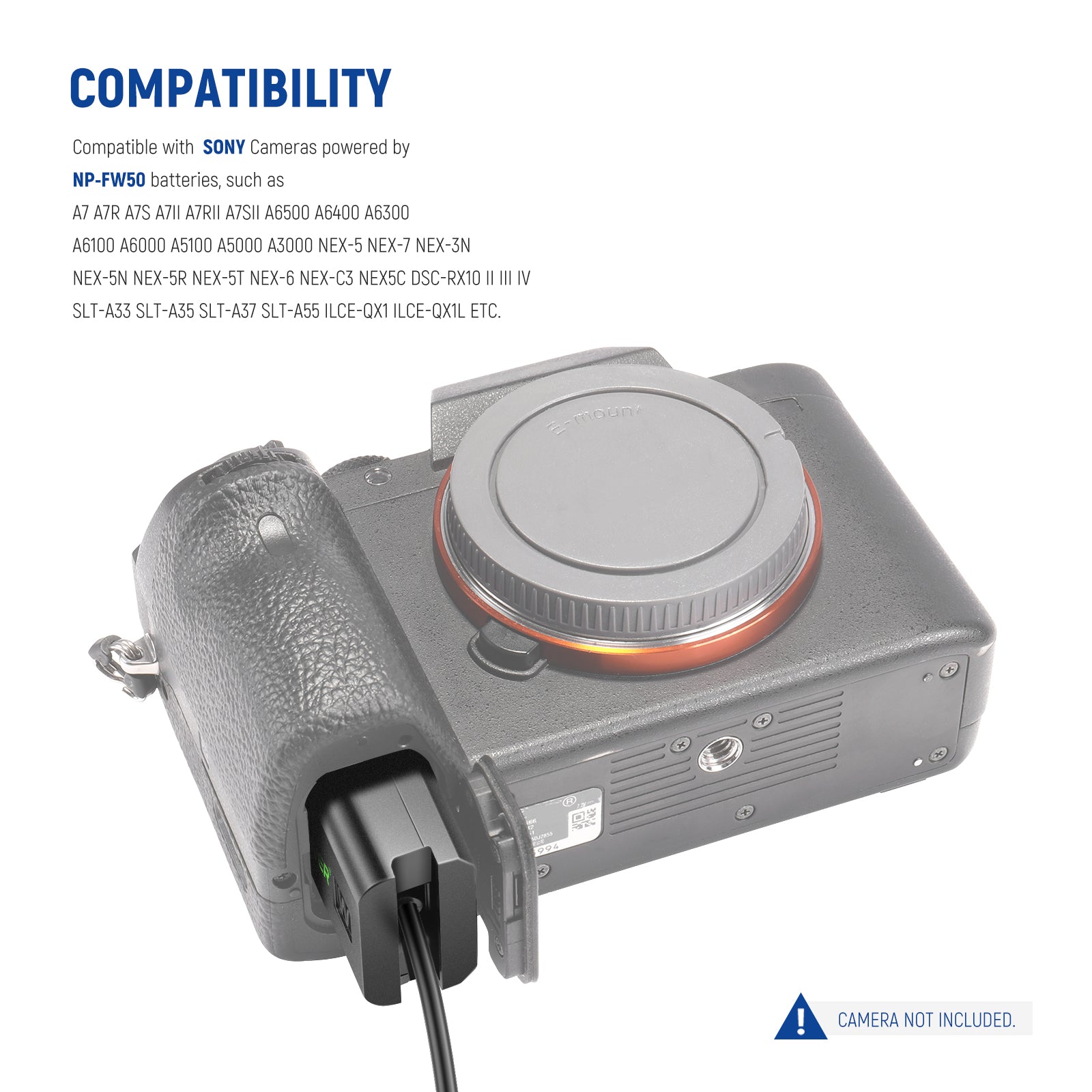 NEEWER NP-FW50 Coupler Dummy Battery for Sony Cameras - Power Adapter for Continuous Shooting, Vlogging, and Studio Photography