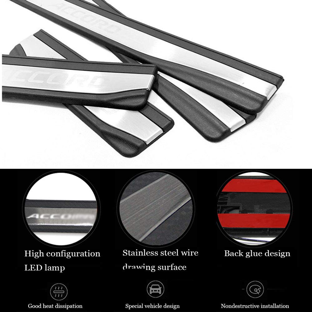 Premium Stainless Steel LED Door Sill Plates - 4PC Set for 2018-2020 Honda Accord 10th Gen | Bright White Light | Anti-Scratch Protection | Easy Installation | Perfect for Car Customization & Nighttime Visibility