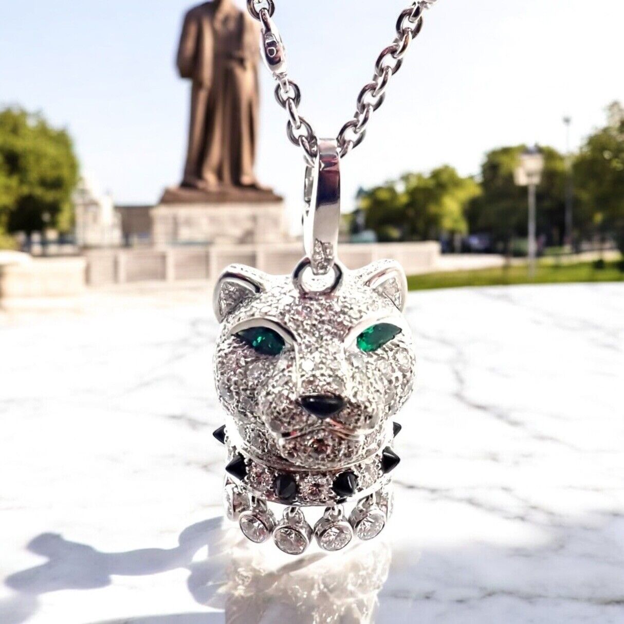 Authentic Cartier Panther 18k White Gold Diamond Emerald Onyx Pendant Necklace - Luxury Jewelry Gift for Women, Perfect for Weddings & Special Occasions