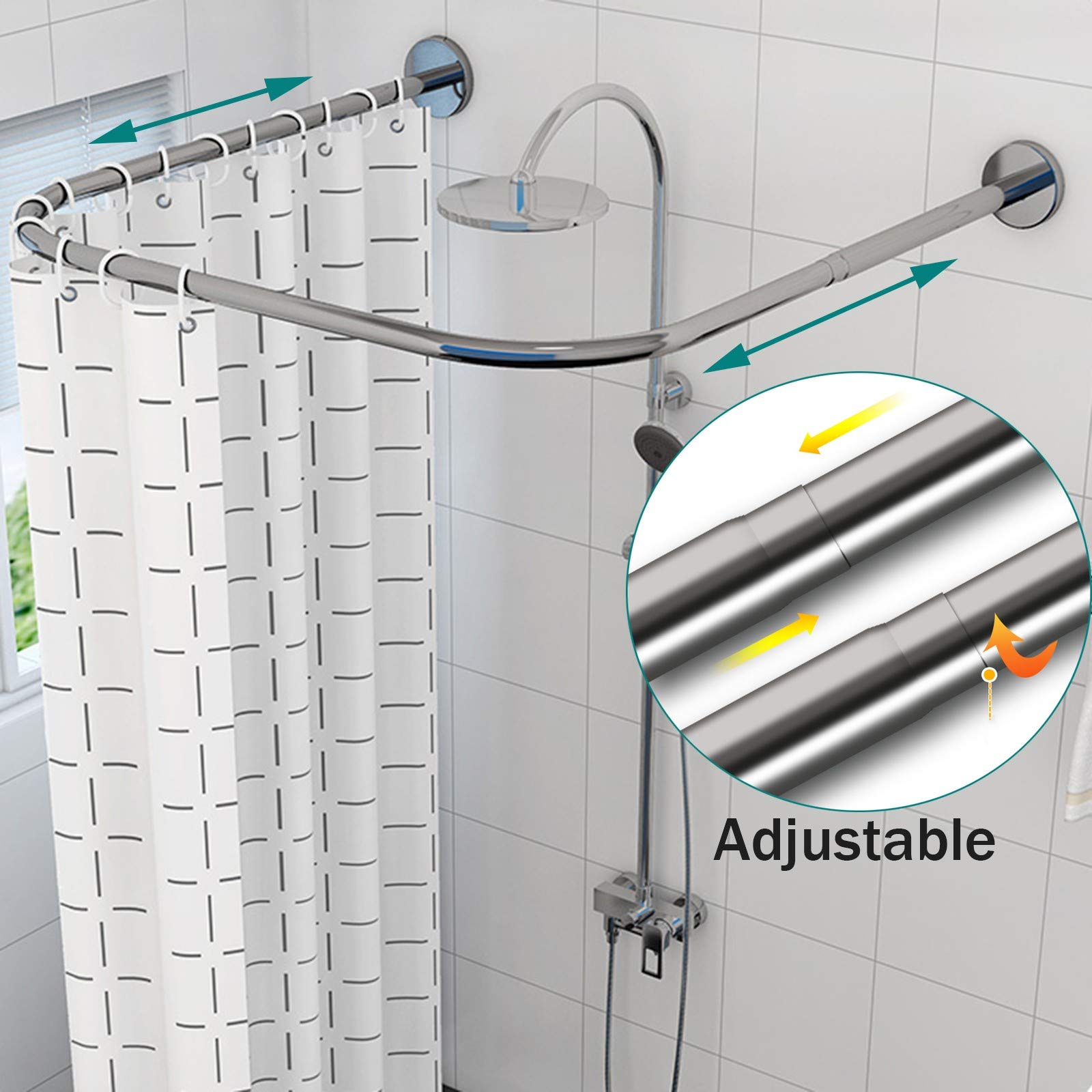 Stainless Steel U-Shaped Curved Shower Curtain Rod - Adjustable Tension Rod for Bathroom, Bathtub & Closet - No Drilling Installation - 80×80×80 Inches - Perfect for Small Spaces & Corner Showers