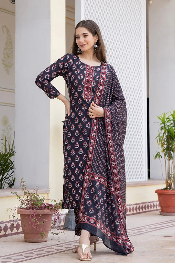 Stylish Black Rayon Blend Floral Printed Straight Kurta Set for Women | Comfortable Ethnic Wear for Festivals, Parties & Daily Wear