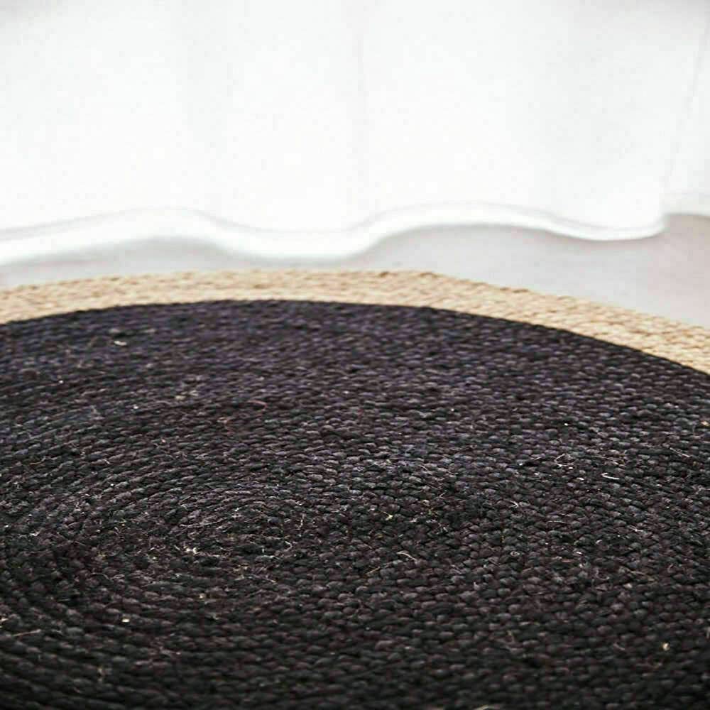Hand Braided Round Jute Rug - Natural Farmhouse Style Area Rug for Living Room, Bedroom, Kitchen - 2x2 Feet Black Indoor/Outdoor Carpet - Perfect for Boho Decor, Patio Flooring & Cozy Home Accents
