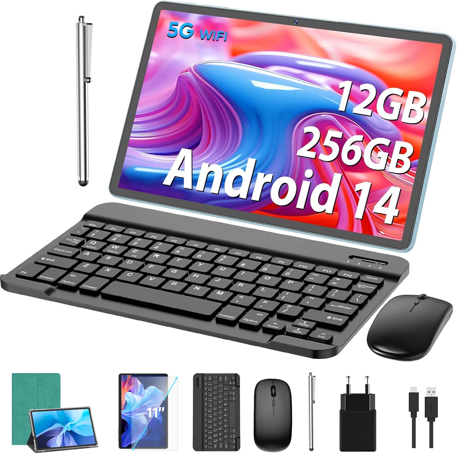 11 Inch Android 14 Tablet with Keyboard - 12GB RAM 256GB ROM (Expandable to 1TB) | Octa-Core Processor, 8000mAh Battery, Dual-Band WiFi | 13MP+5MP Camera, 2-in-1 Convertible Tablet with Keyboard Case, Mouse & Stylus (Green) - Perfect for Work, Study & Entertainment
