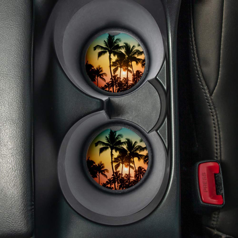 Palm Tree Sunset Car Coasters Set of 2 - Absorbent Drink Coasters with Non-Slip Rubber Backing (2.56 Inch) - Perfect Car Accessories for Coffee, Soda & Water Cups - Great for Road Trips & Commuting