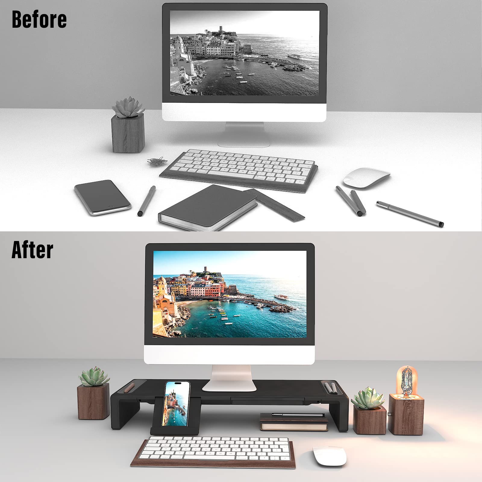 OImaster Adjustable Foldable Monitor Stand Riser with Storage Drawer & Pen Slot - Space Saving Computer Monitor Stand for Desktop, Laptop, Phone - Perfect for Home Office, Gaming Setup & Workspace Organization (Black)