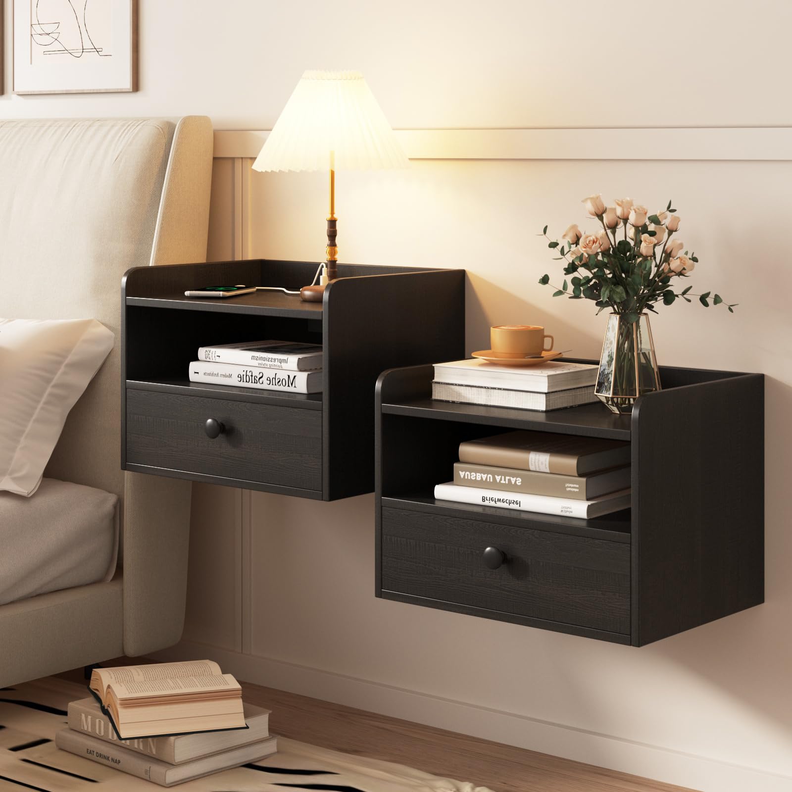 Modern Floating Nightstand Set of 2 - Wall Mounted Bedside Tables with Drawer & Open Shelf, USB Charging Station - Space Saving Night Stands for Small Bedroom, Apartment, Dorm (Black) - Perfect for Minimalist Home Decor & Compact Living Spaces
