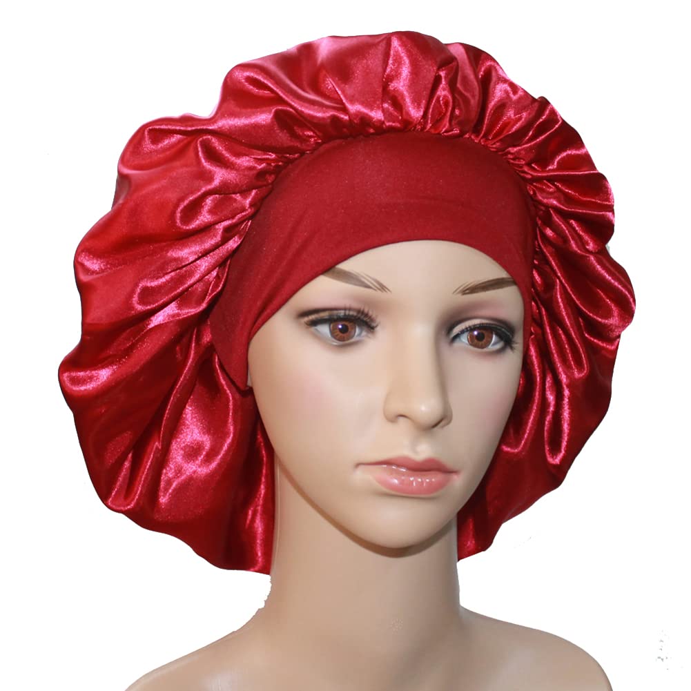 VEYRNEIC Satin Sleep Bonnet for Women - Silk Night Cap with Wide Elastic Band for Braids, Curls & Natural Hair - Shower & Chemo Cap - Includes Satin Storage Bag (Wine Red) | Perfect for Nighttime, Travel & Hair Protection