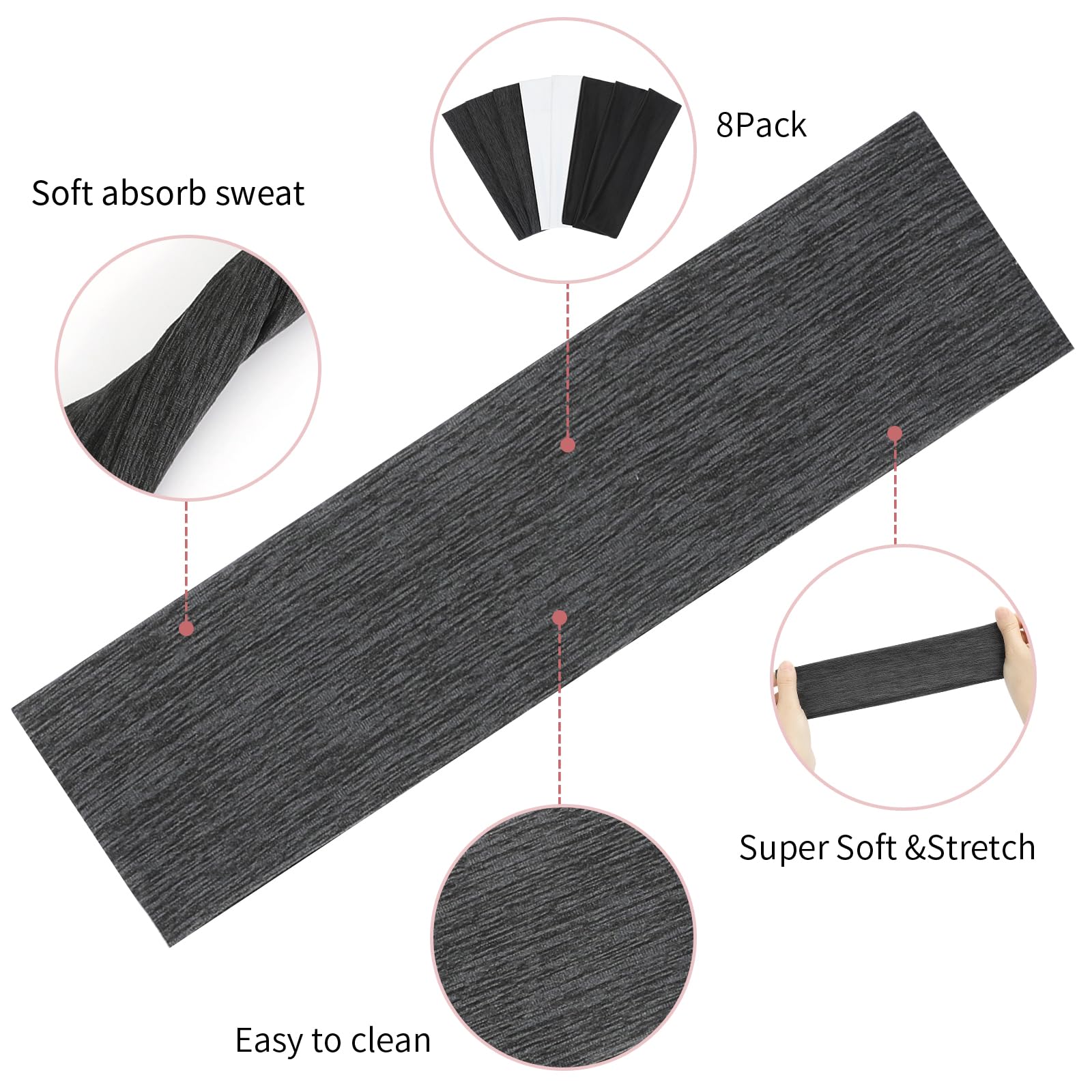 8 Pack Non-Slip Sports Headbands for Women - Soft Elastic Hair Bands for Workout, Yoga, Running & Active Lifestyle - Stay Secure During Exercise & Daily Activities