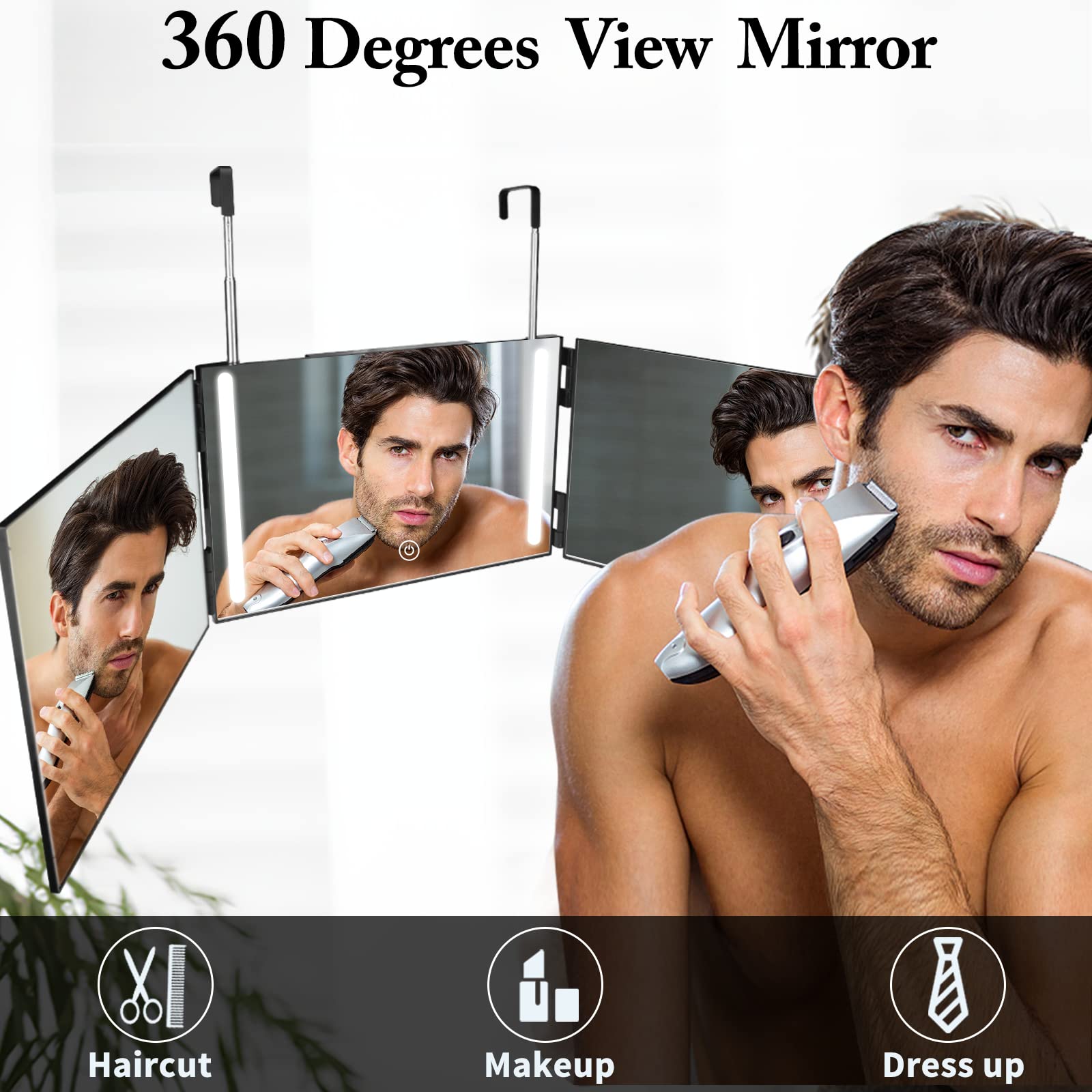 360° LED Lighted Trifold Mirror for Hair Cutting, Makeup & Styling - Rechargeable 3-Way Barber Mirror with Adjustable Angles, Perfect for Home Salon, Professional Styling & Unique Gifts for Men/Women
