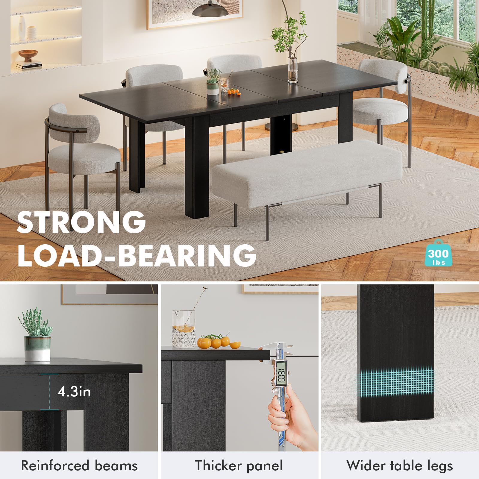 Extendable Farmhouse Dining Table for 6-10 People - Large Rectangular Plank and Beam Kitchen Table in Black - Perfect for Family Meals, Living Room Gatherings, and Home Office Meetings
