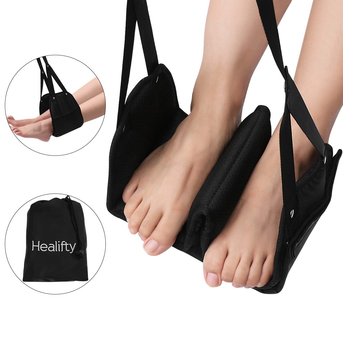 **Healifty Adjustable Footrest Hammock - Under Desk Foot Support Pad for Office & Airplane Travel - Ergonomic Foot Divider for Comfort (Black) - Perfect for Work, Study & Long Flights**