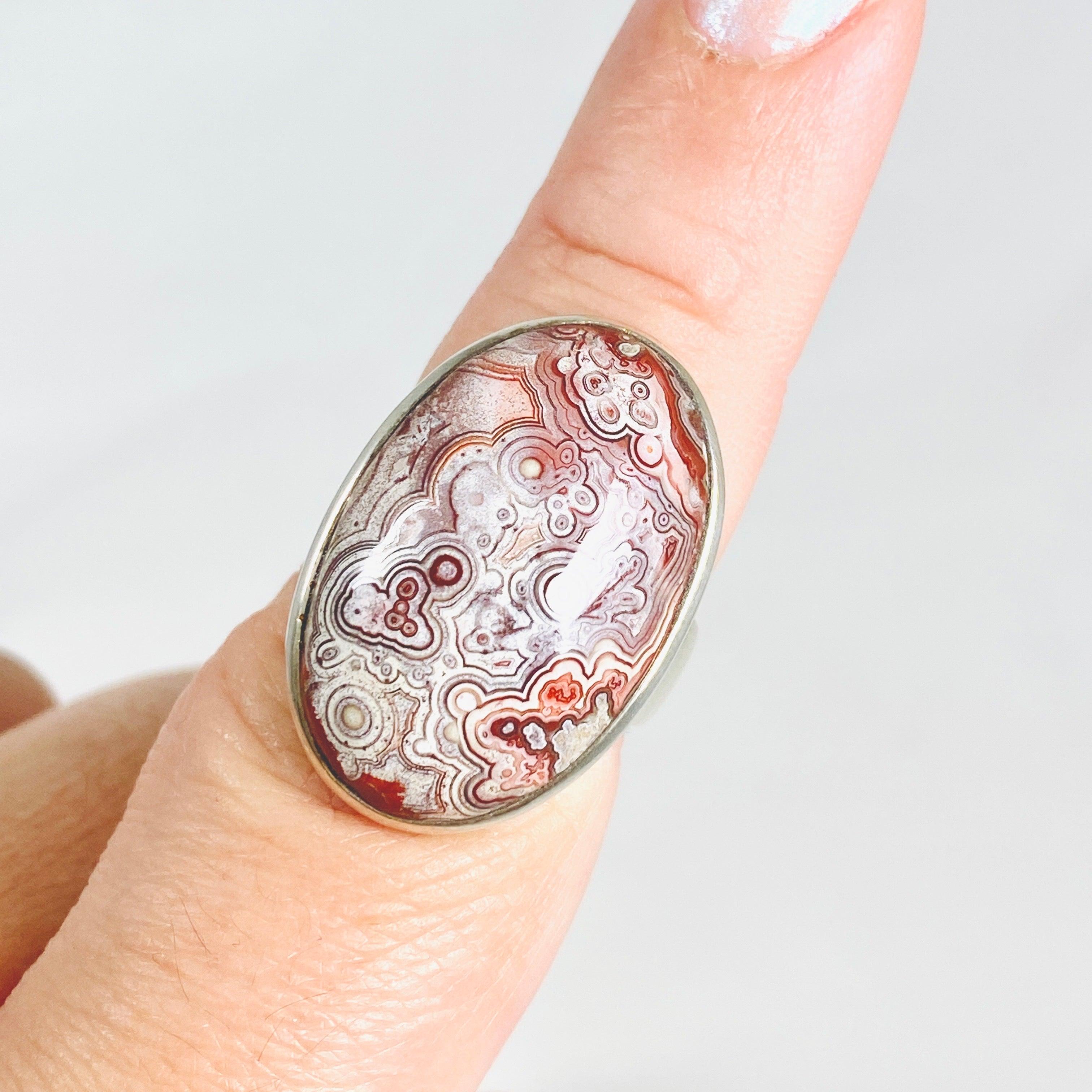 Crazy Lace Agate Oval Ring - Size 8.5 Sterling Silver Jewelry PRGJ289 | Elegant Gift for Women, Birthday & Anniversary Present