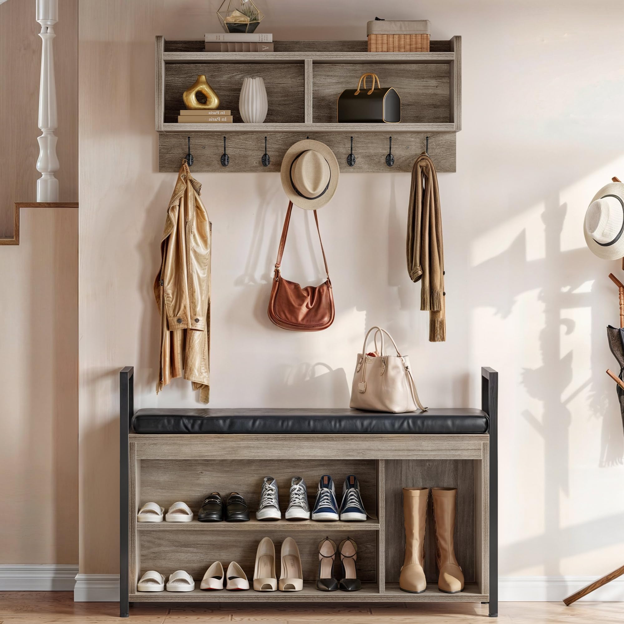 YITAHOME Industrial Hall Tree with Bench - Wall Mount Coat Rack & Shoe Storage Organizer for Entryway, Hallway - Grey | Space-Saving Entryway Solution for Small Homes & Apartments