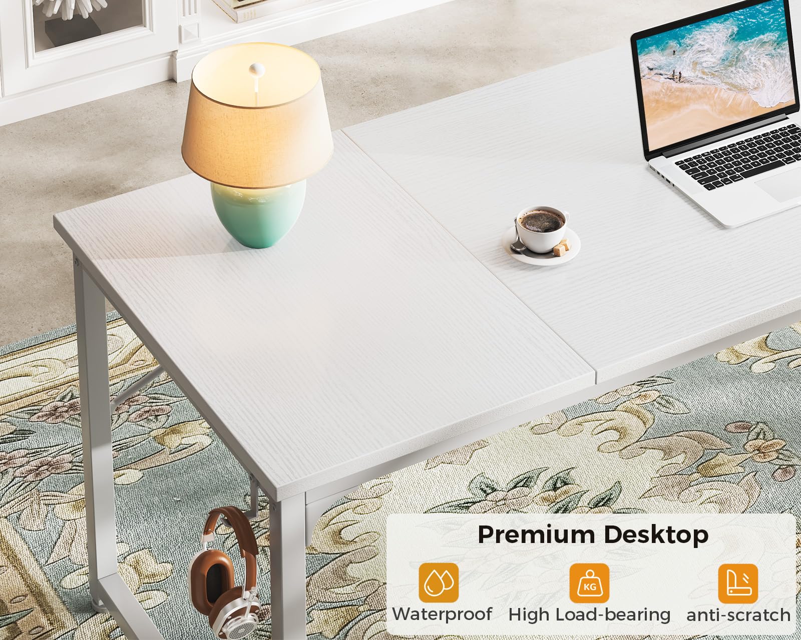 63 Inch ODK Large Computer Desk with Storage | Modern Office & Gaming Desk for Home | PC Work Table with Headphone Hook & Splice Board | White & White Leg | Perfect for Remote Work, Gaming Setup & Home Office