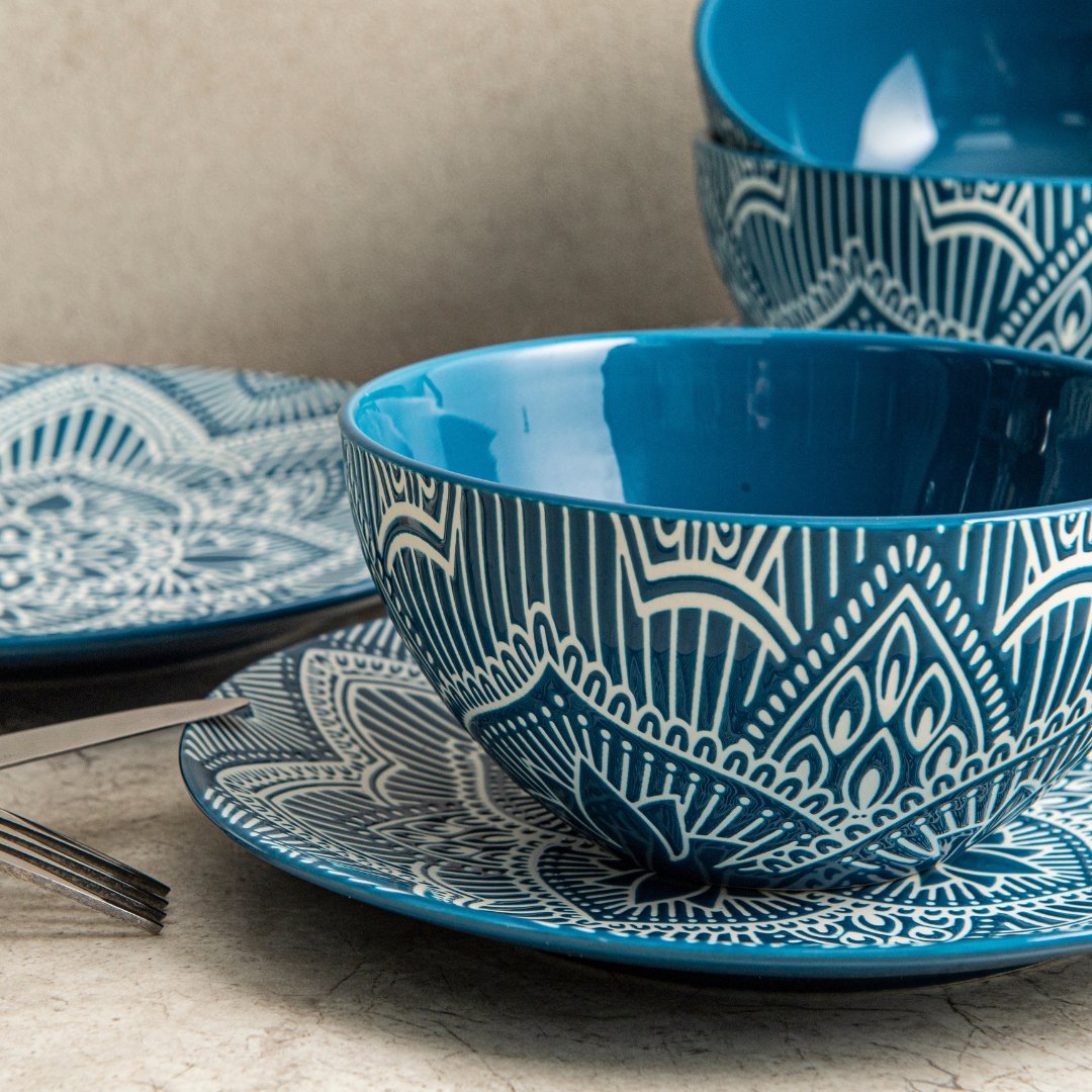 12-Piece Ceramic Dinnerware Set - Plates & Bowls with La La Mandala Blue Design for Everyday Dining, Parties & Home Decor
