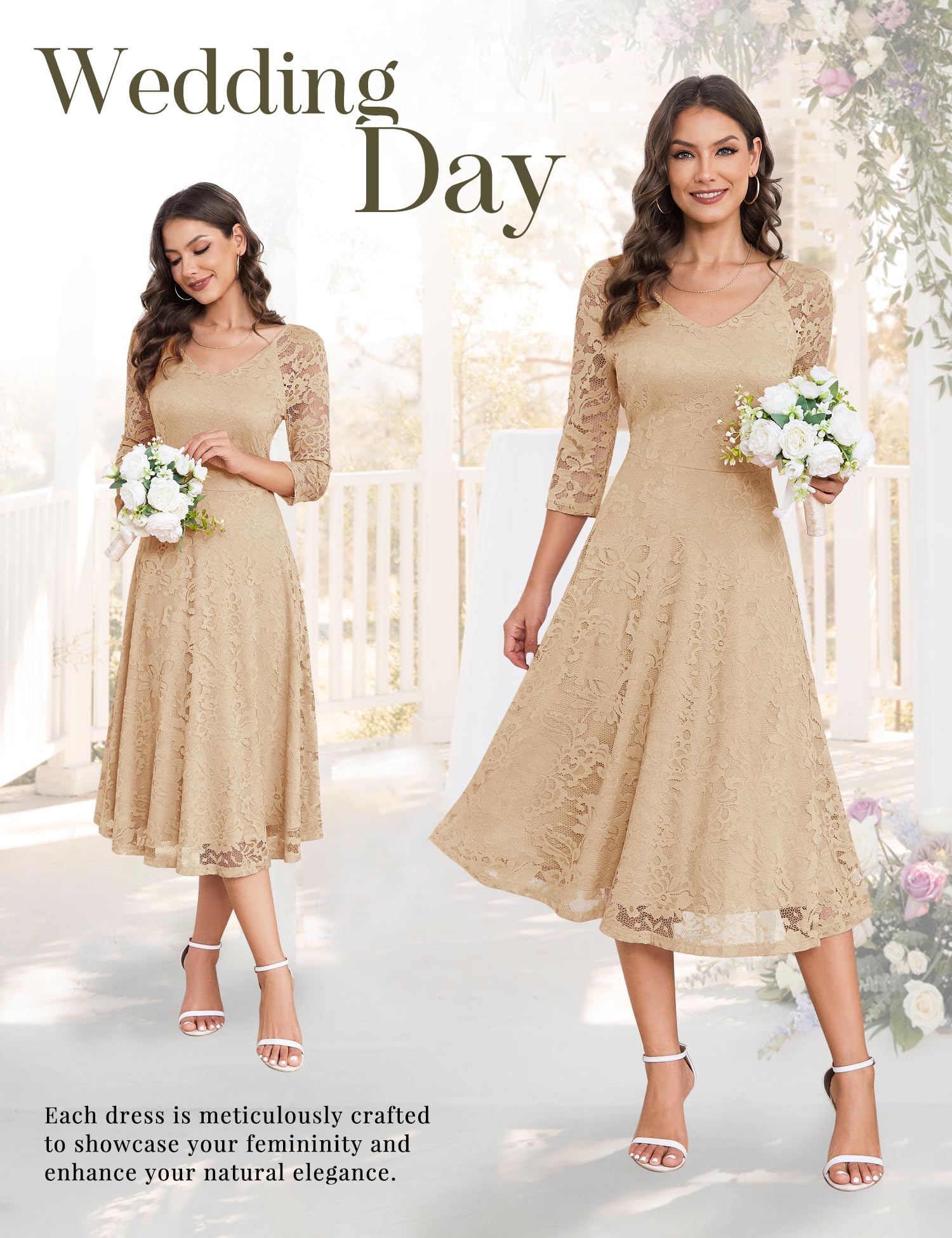 Elegant Long-Sleeve Lace Wedding Guest Dress for Women - A-Line Formal Cocktail Party Midi Gown | Perfect for Prom, Bridal Showers & Evening Events