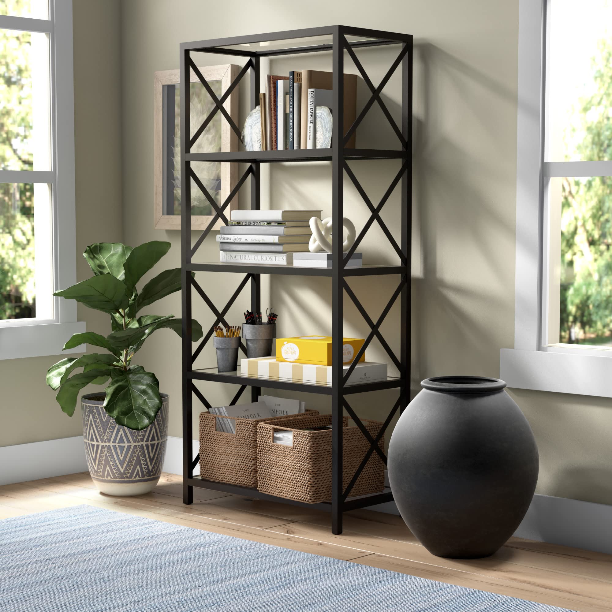 Celine 30-Inch Wide Rectangular Bookcase in Blackened Bronze - Modern Home Office & Living Room Storage Shelf for Books & Decor