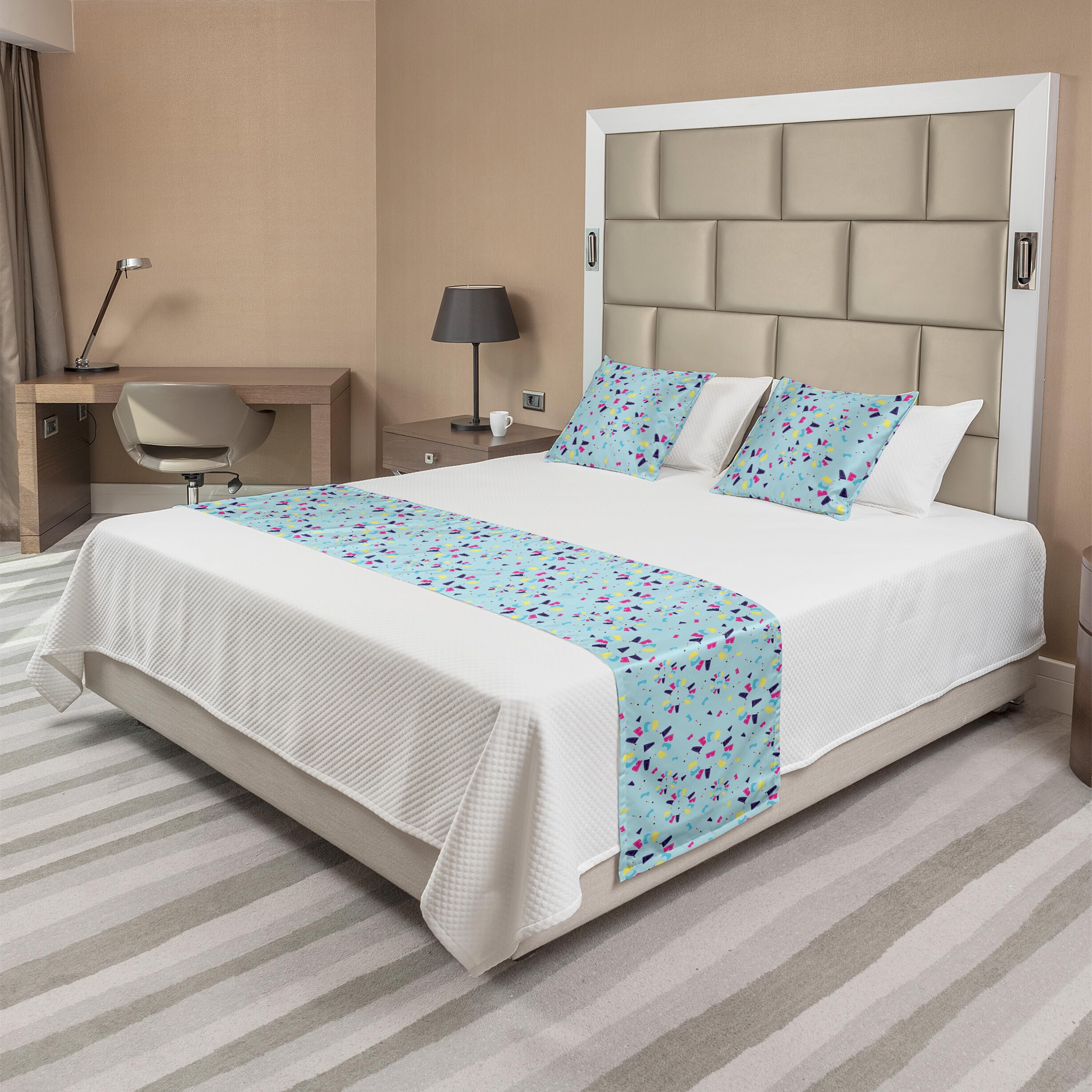 Ambesonne Alphabet Bed Runner Set with Polka Dot Circles - Whimsical Decorative Bed Scarf & 2 Pillow Shams for Queen Beds in Aqua Indigo | Perfect for Hotels, Homes & Nursery Decor