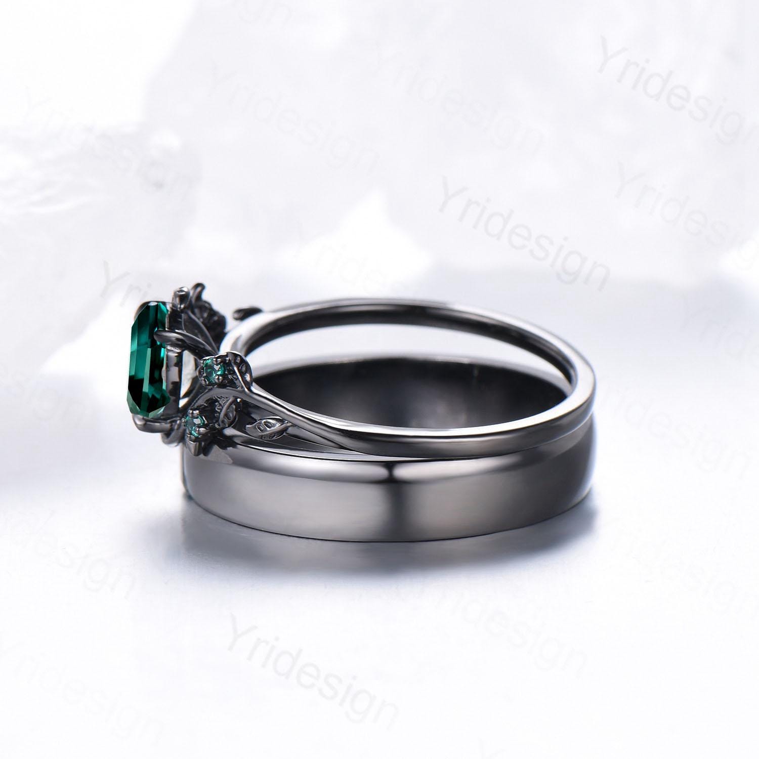 Black Gold Fire Opal Couples Ring Set - His & Hers Wedding Bands, Emerald Bridal Rings for Men & Women - Perfect for Engagement, Promise, Anniversary Gifts - Ideal for Romantic Occasions & Special Celebrations