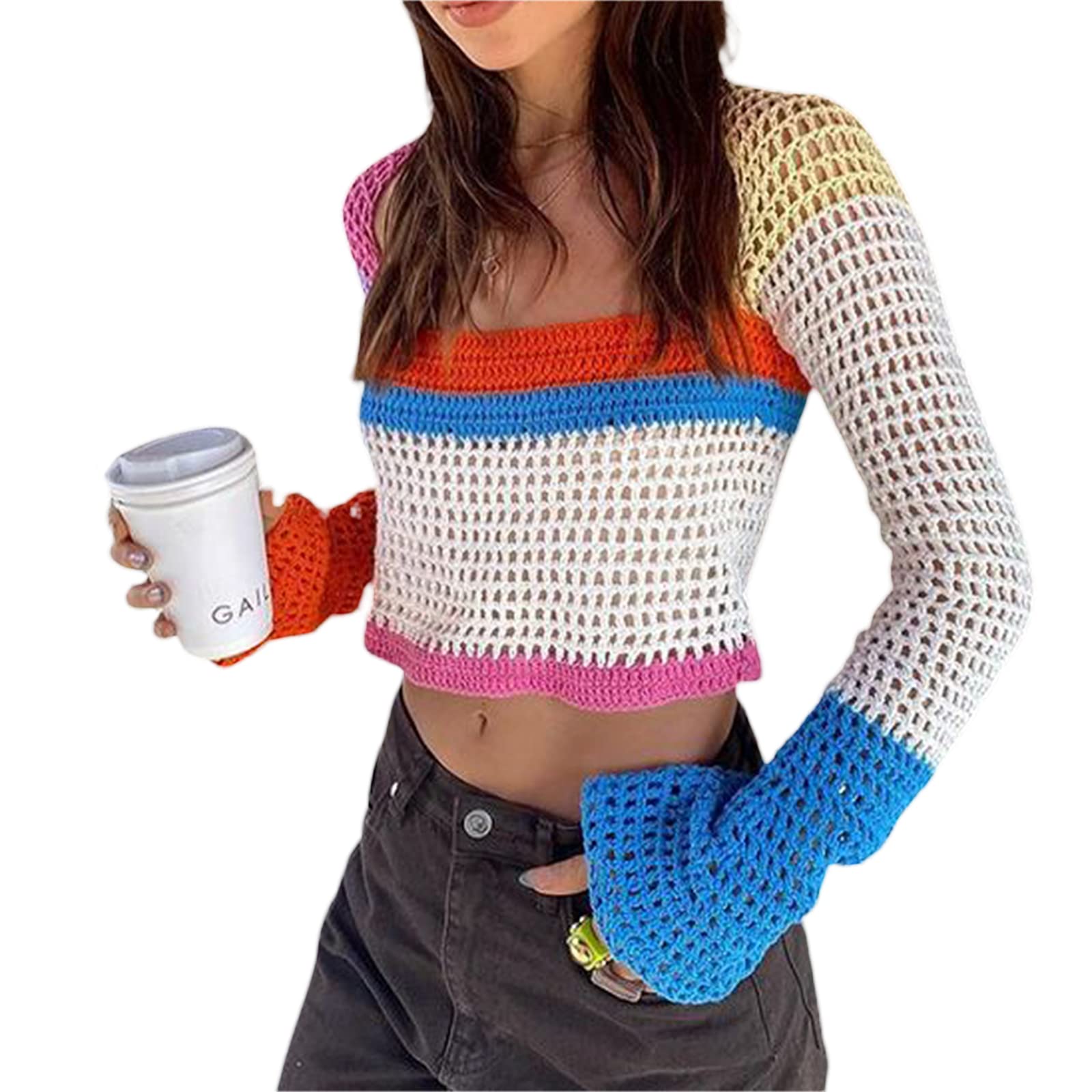 Sunloudy Women's Cropped Knit Top - Long Sleeve Crochet Hollow Out Square Neck Sweater for Casual Wear & Layering