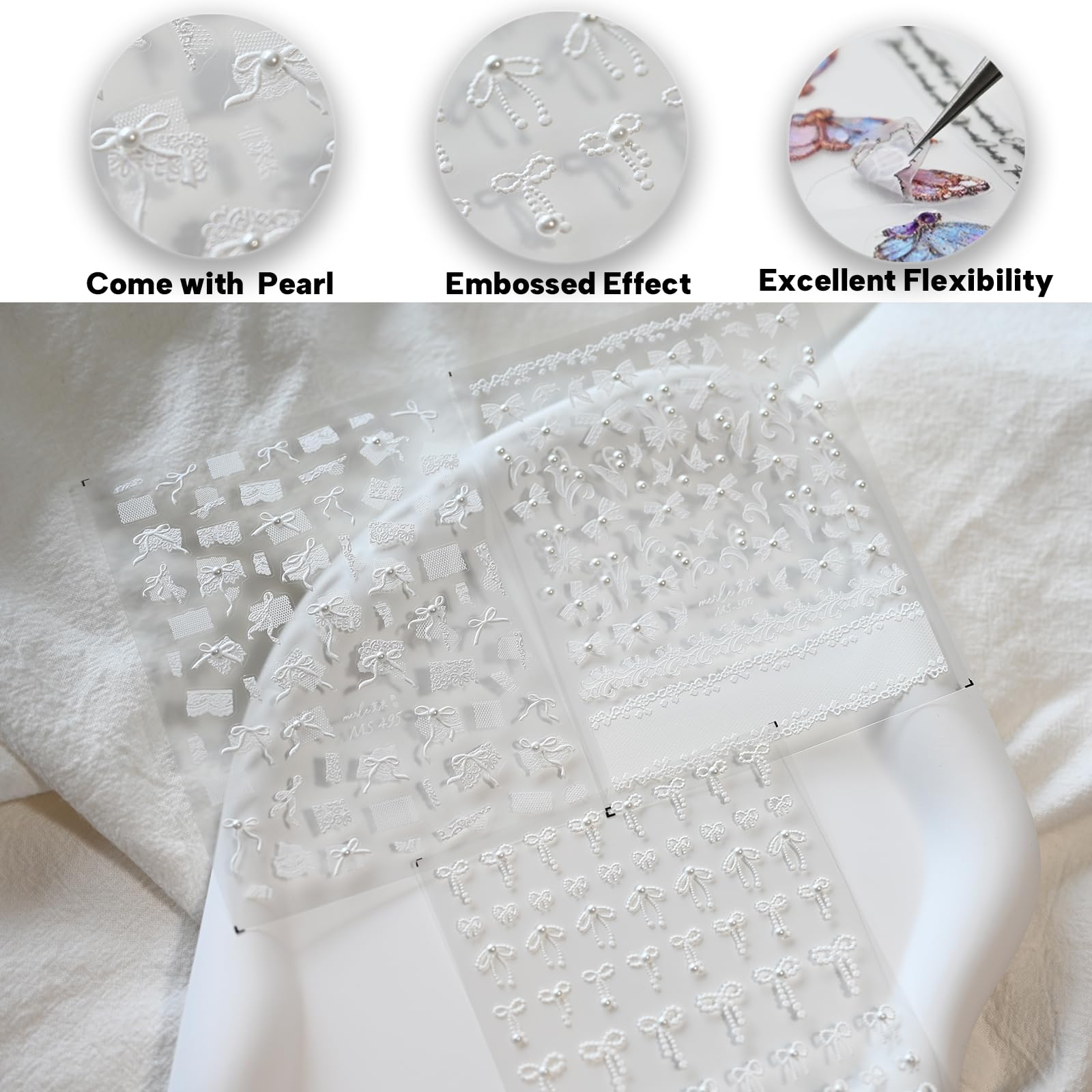 White Bow Ribbon Nail Art Stickers with Pearl Lace Rhinestones - Self-Adhesive Nail Decals for Women, Embossed Nail Design Accessories (3 Sheets) - Perfect for Bridal, Party & Salon Nail Art