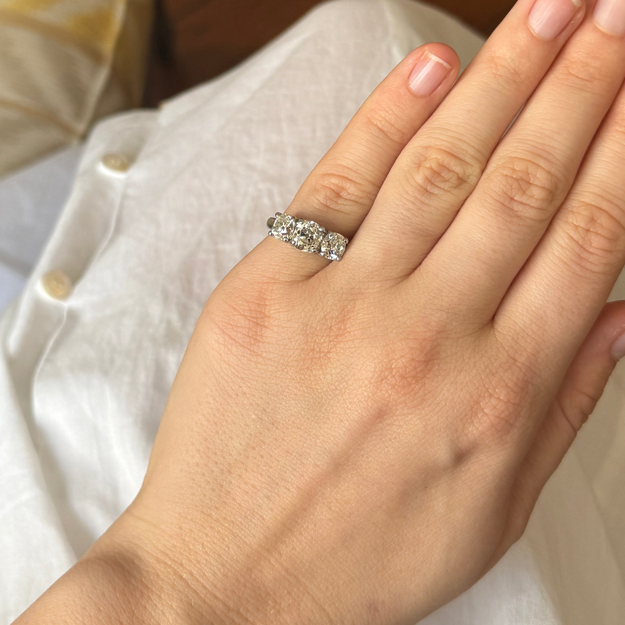 Vintage 3.30ctw Old Mine Cut Diamond Three Stone Platinum Ring - Elegant Antique Jewelry for Engagement, Wedding & Anniversary Gifts