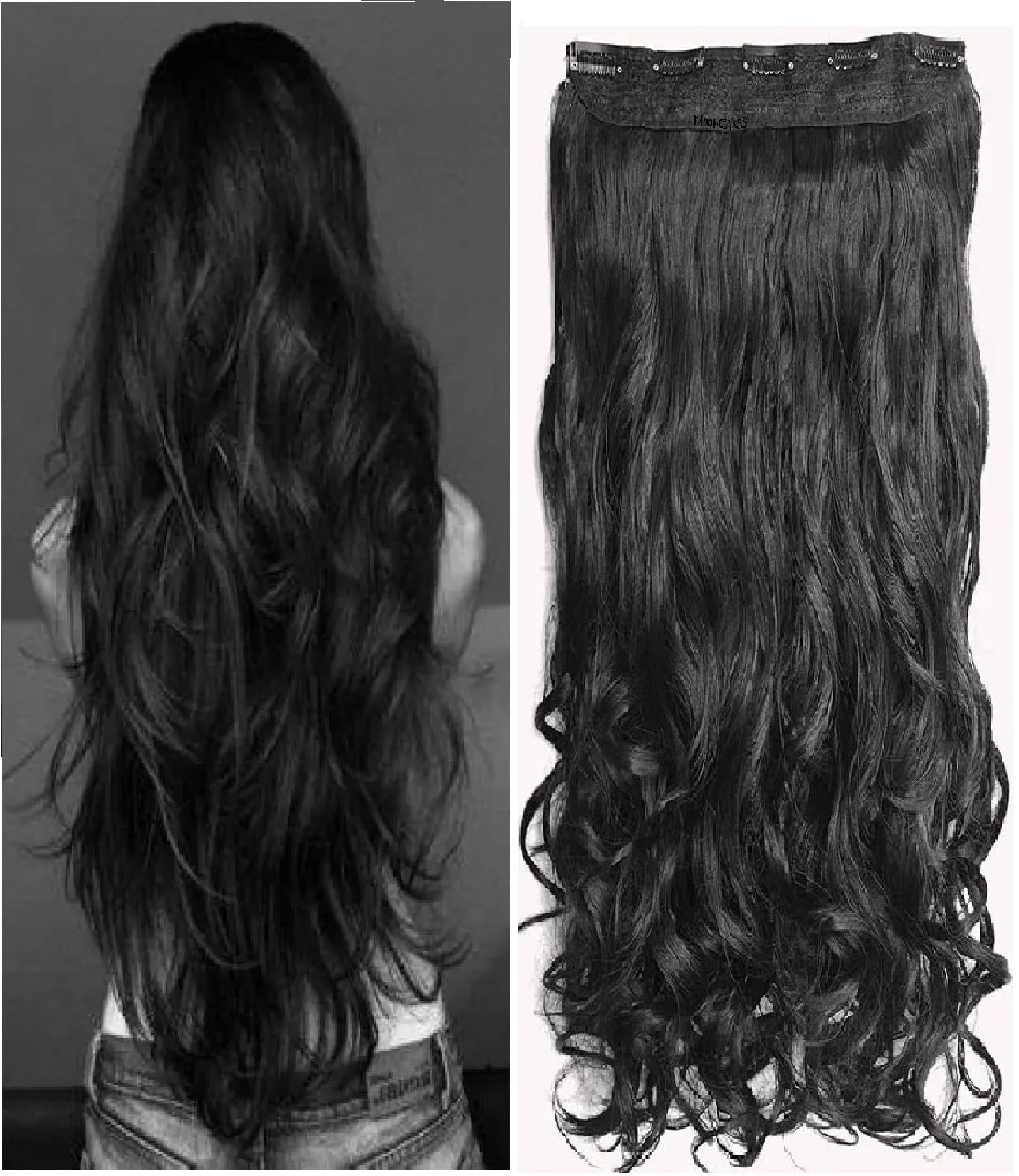 Natural Curly/Wavy Hair Extensions - 24 Inch High Temperature Synthetic Fiber with 5 Clips - Black Human Hair Extensions for Women & Girls - Perfect for Parties, Weddings, and Daily Styling