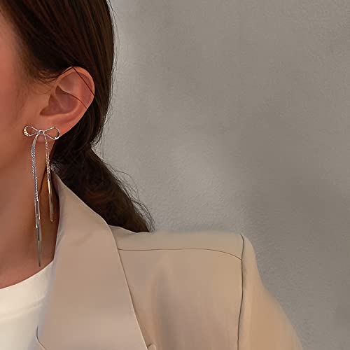Elegant Rhinestone Bow Tassel Earrings for Women - Long Crystal Dangle Statement Earrings in Gold & Silver - Lightweight Ribbon Jewelry for Parties, Weddings & Special Occasions