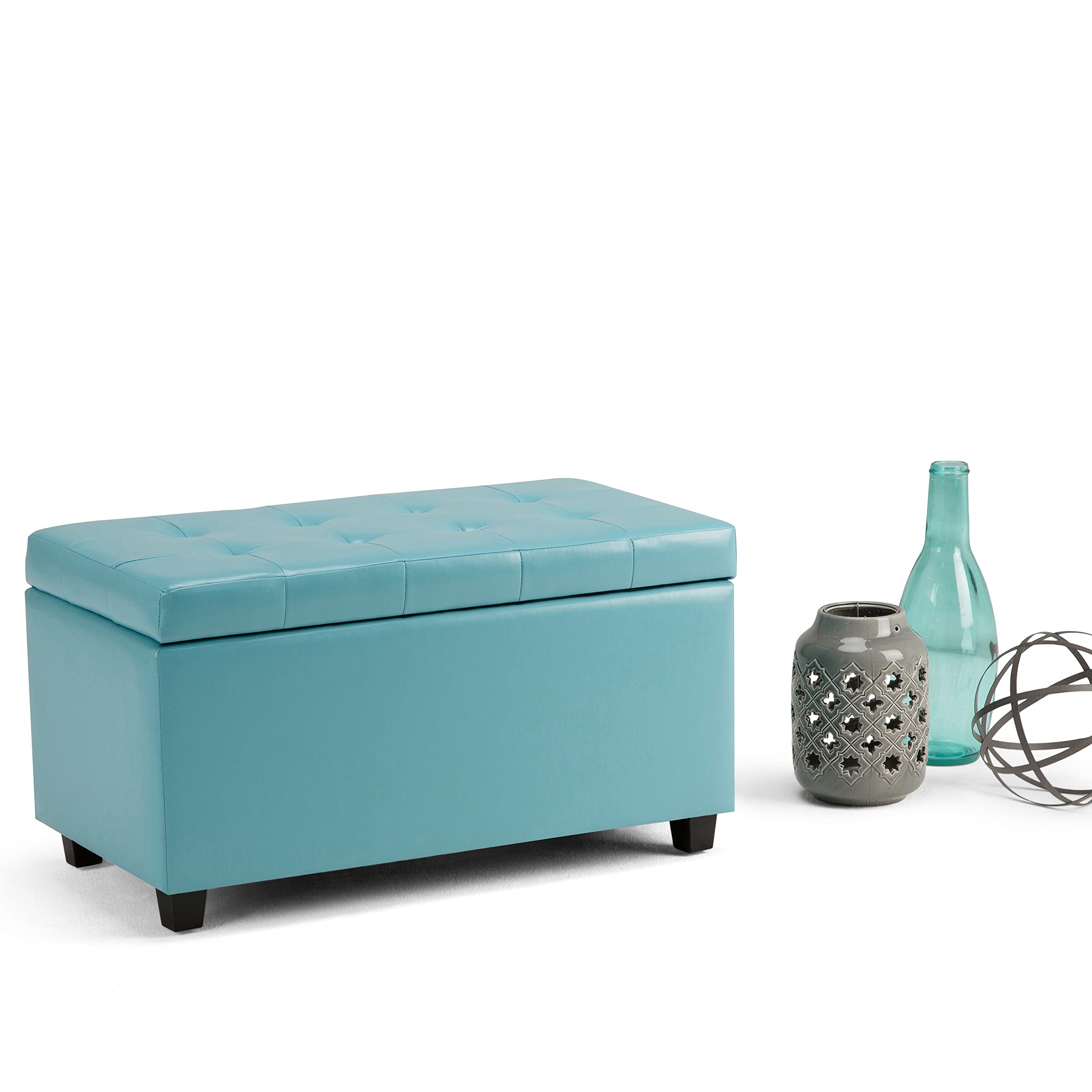 Wynden Hall Essex Blue Faux Leather Storage Ottoman Bench - Stylish Footrest, Seating & Hidden Storage for Living Room, Bedroom or Entryway