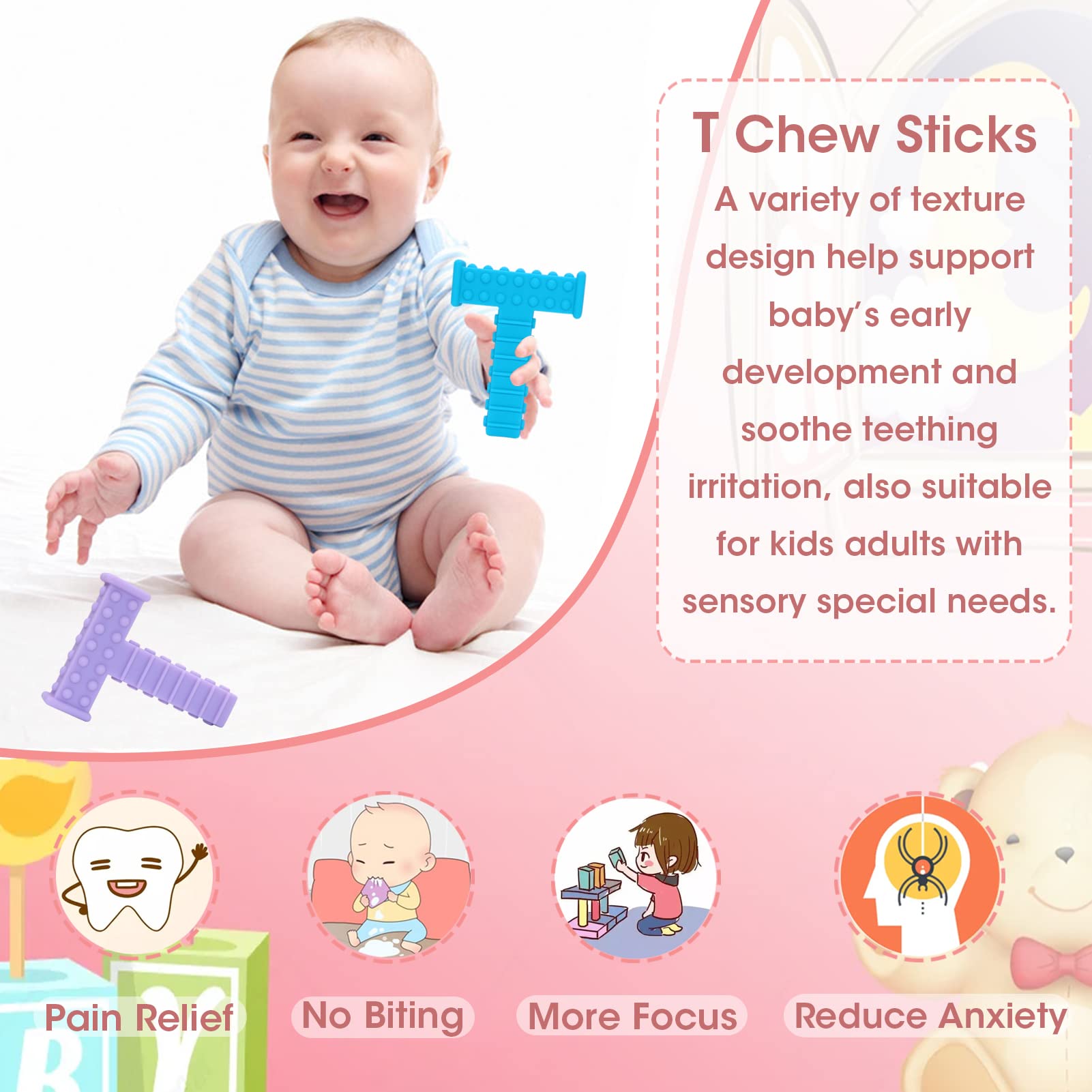 Sensory Chew Tubes for Autism & ADHD Kids - 4 Pack T-Shaped Oral Motor Toys for SPD & Special Needs Children - Safe Silicone Chewy Sticks for Boys & Girls - Perfect for School, Travel & Sensory Therapy