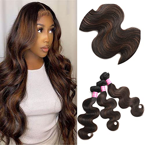 Lovenea 10A Brazilian Virgin Human Hair Extensions - 3 Bundles (22, 24, 26 Inch) Body Wave Ombre Brown Hair Weave for Women - Perfect for Daily Styling, Parties & Special Occasions