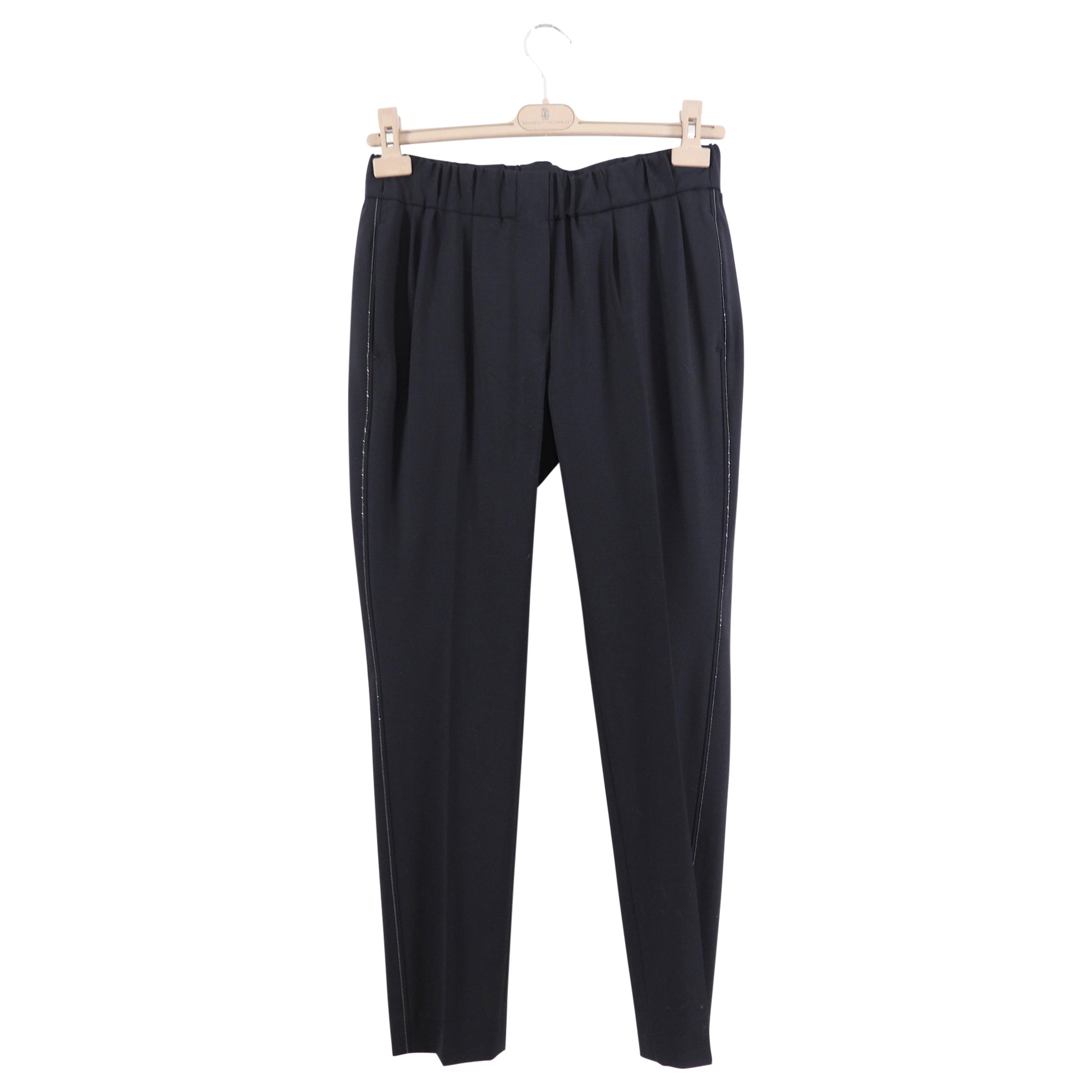 Brunello Cucinelli Black Wool Blend Dress Pants with Monili Trim - Size S (4) | Luxury Office Pants for Women, Business Formal Attire, Professional Workwear